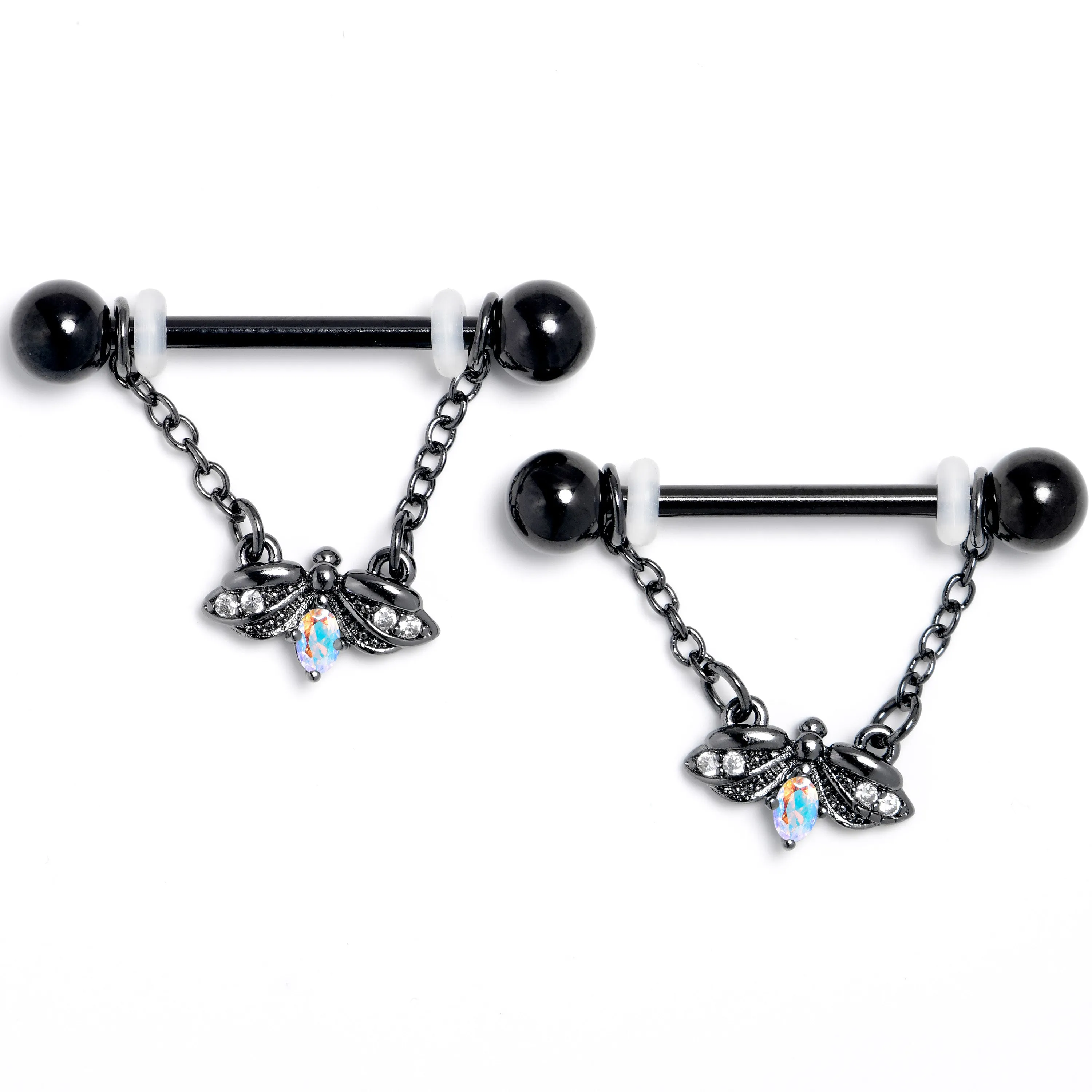14 Gauge 9/16 Aurora Gem Black Gothic Butterfly Dangle Nipple Ring Set