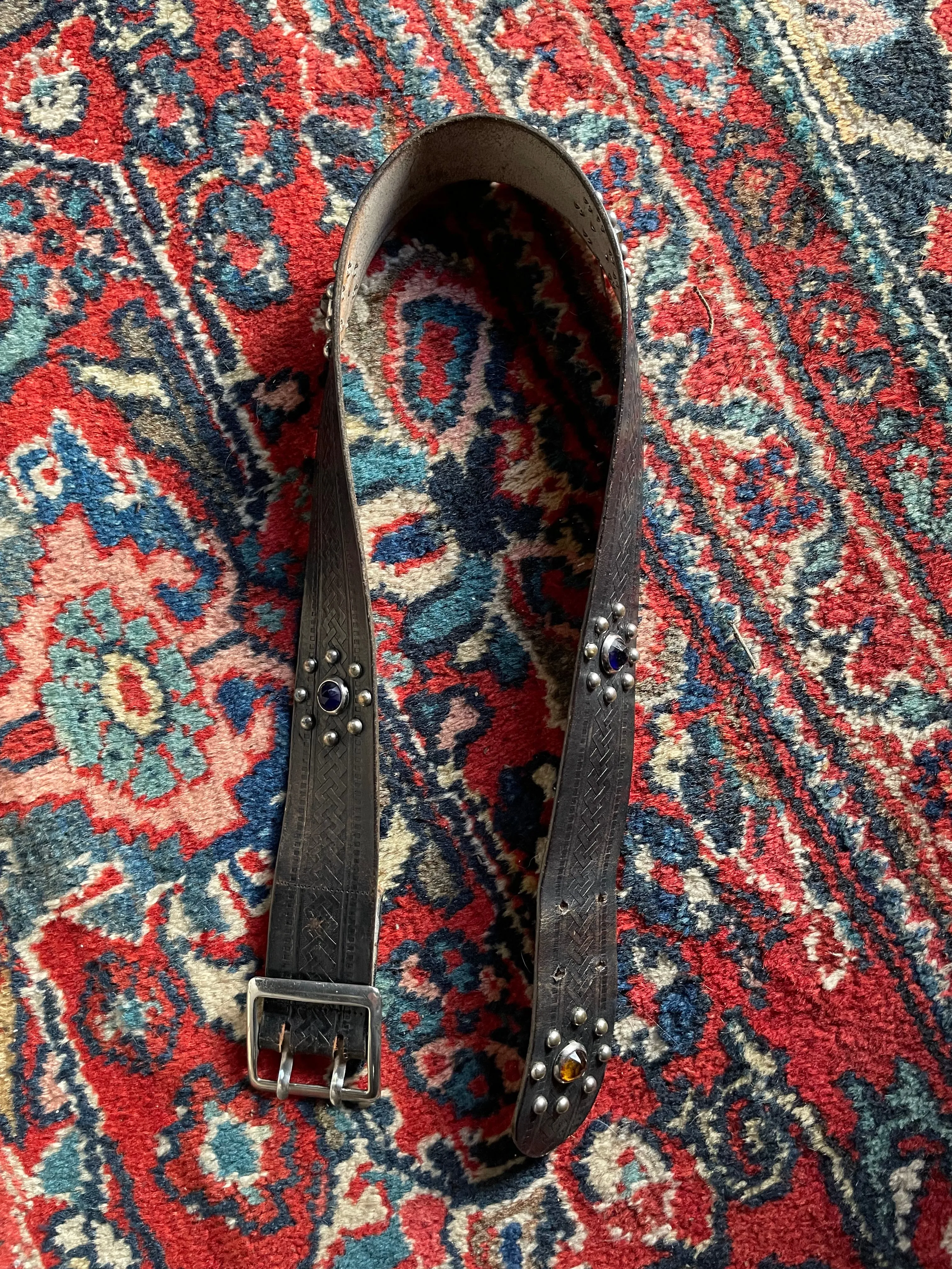 1950s Studded Jeweled  Engraved Leather Belt