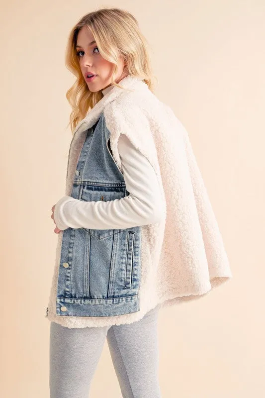 Aemi   Co Fake Two Pieces Denim Patch Sherpa Vest Coat