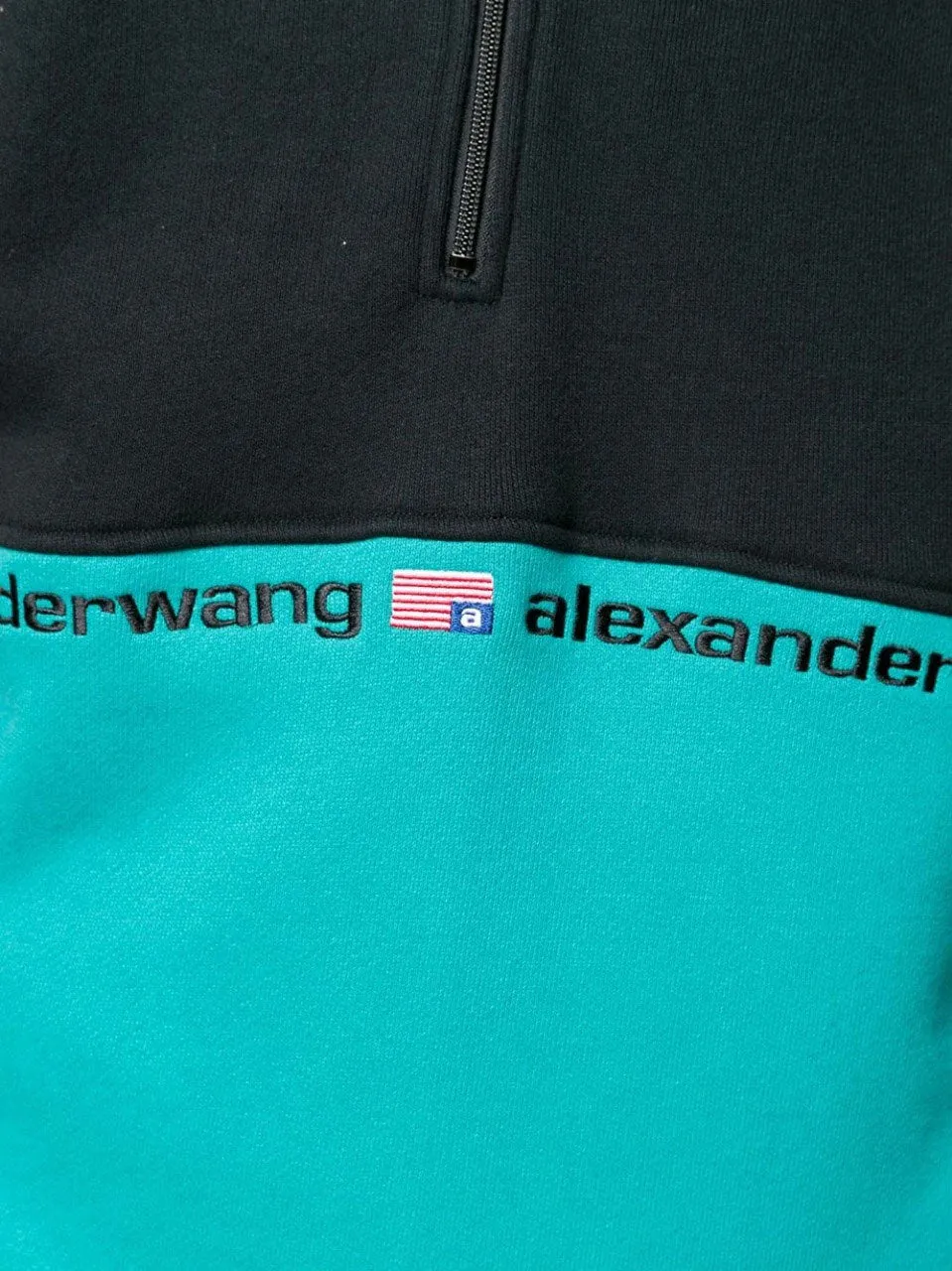 ALEXANDER WANG Men's Black/Jade Colorblock 1/2 Zip Hooded Sweatshirt NWT