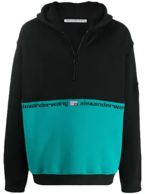 ALEXANDER WANG Men's Black/Jade Colorblock 1/2 Zip Hooded Sweatshirt NWT