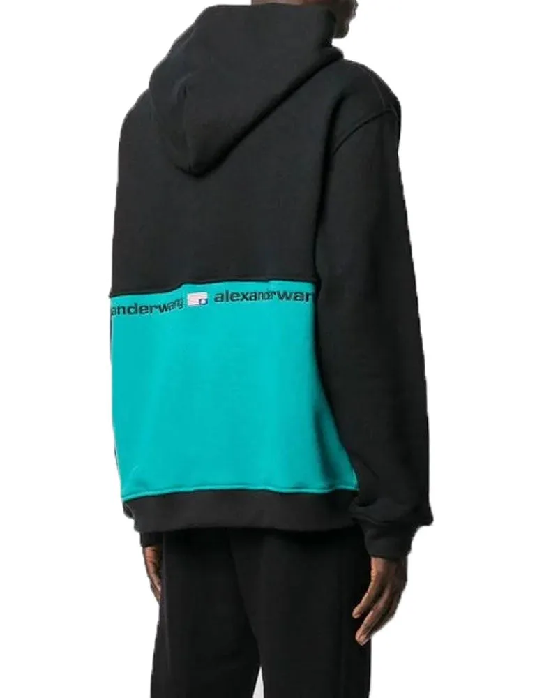 ALEXANDER WANG Men's Black/Jade Colorblock 1/2 Zip Hooded Sweatshirt NWT