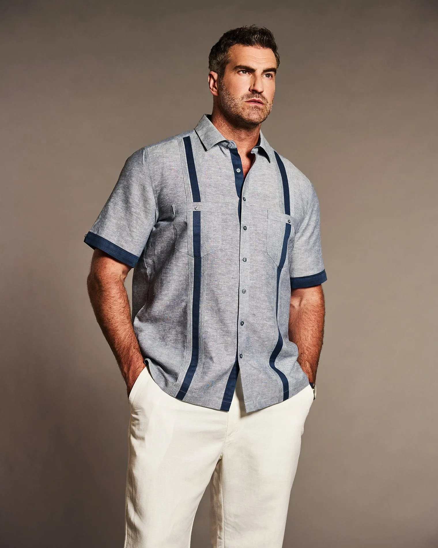 Big & Tall Linen Blend Cross Dye Guayabera Shirt