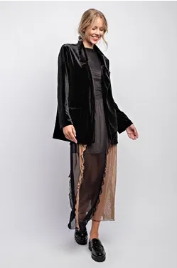 Black Open Front Velvet Blazer