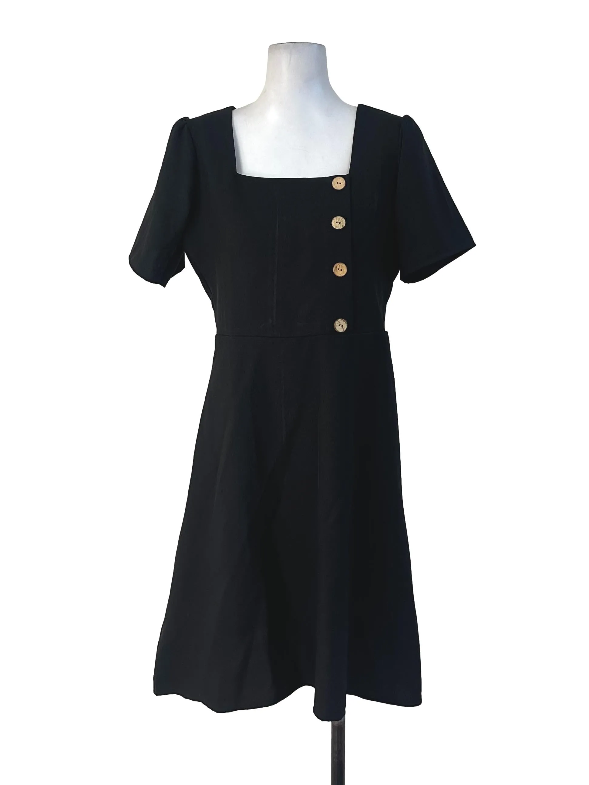 Black Plain Button Dress