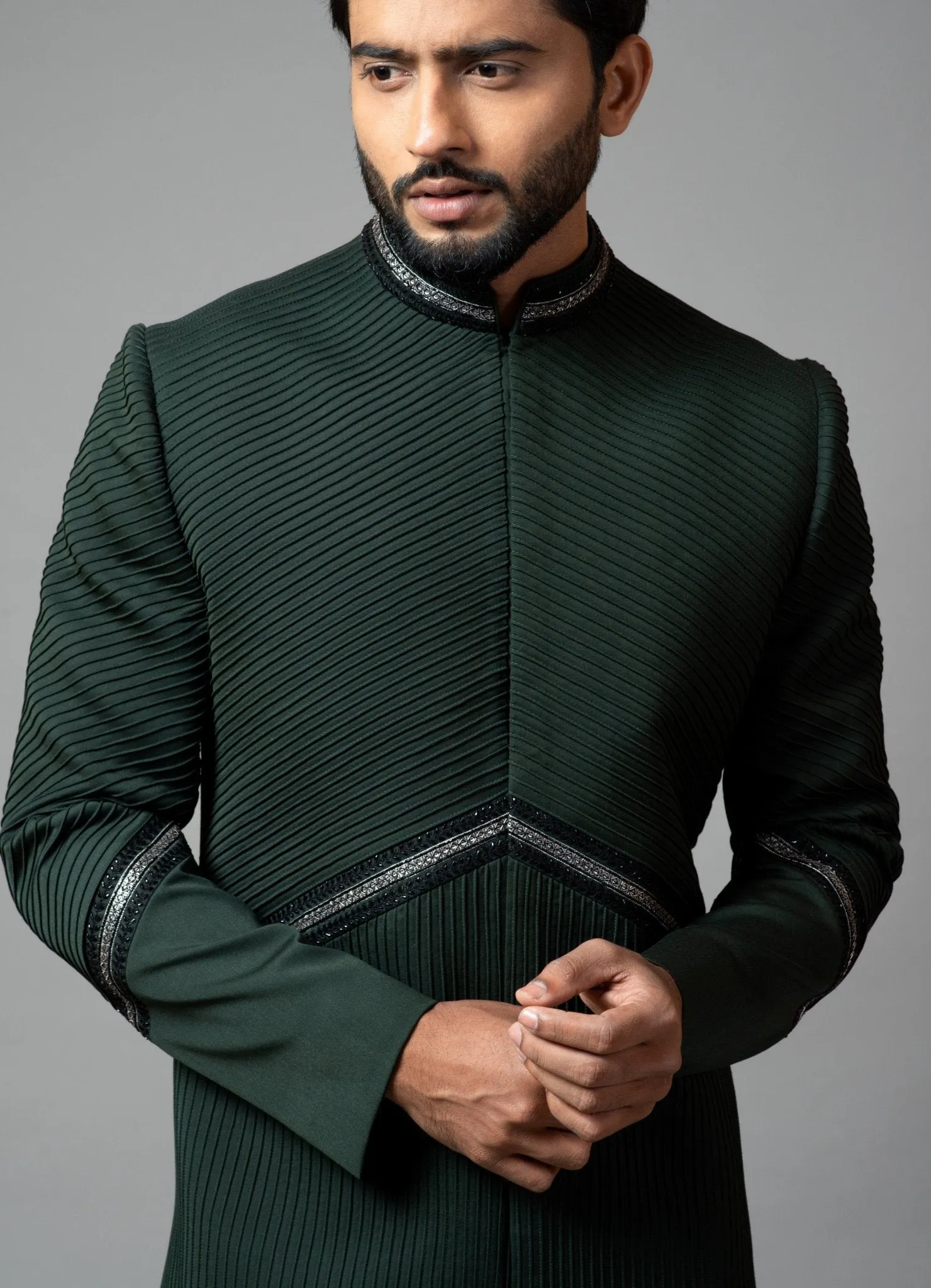 Bottle Green Embroidered Achkan With Pin Tucks