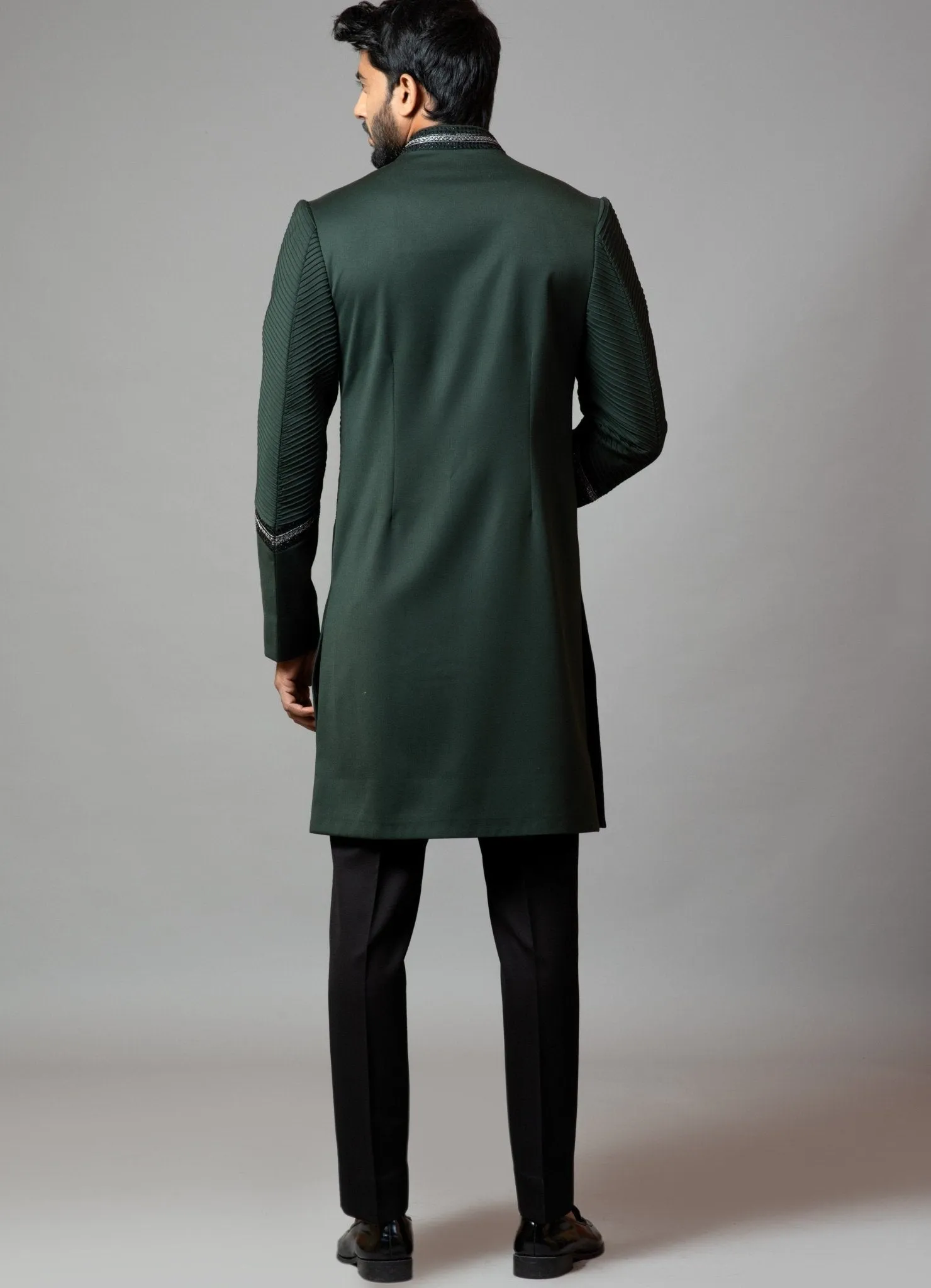 Bottle Green Embroidered Achkan With Pin Tucks