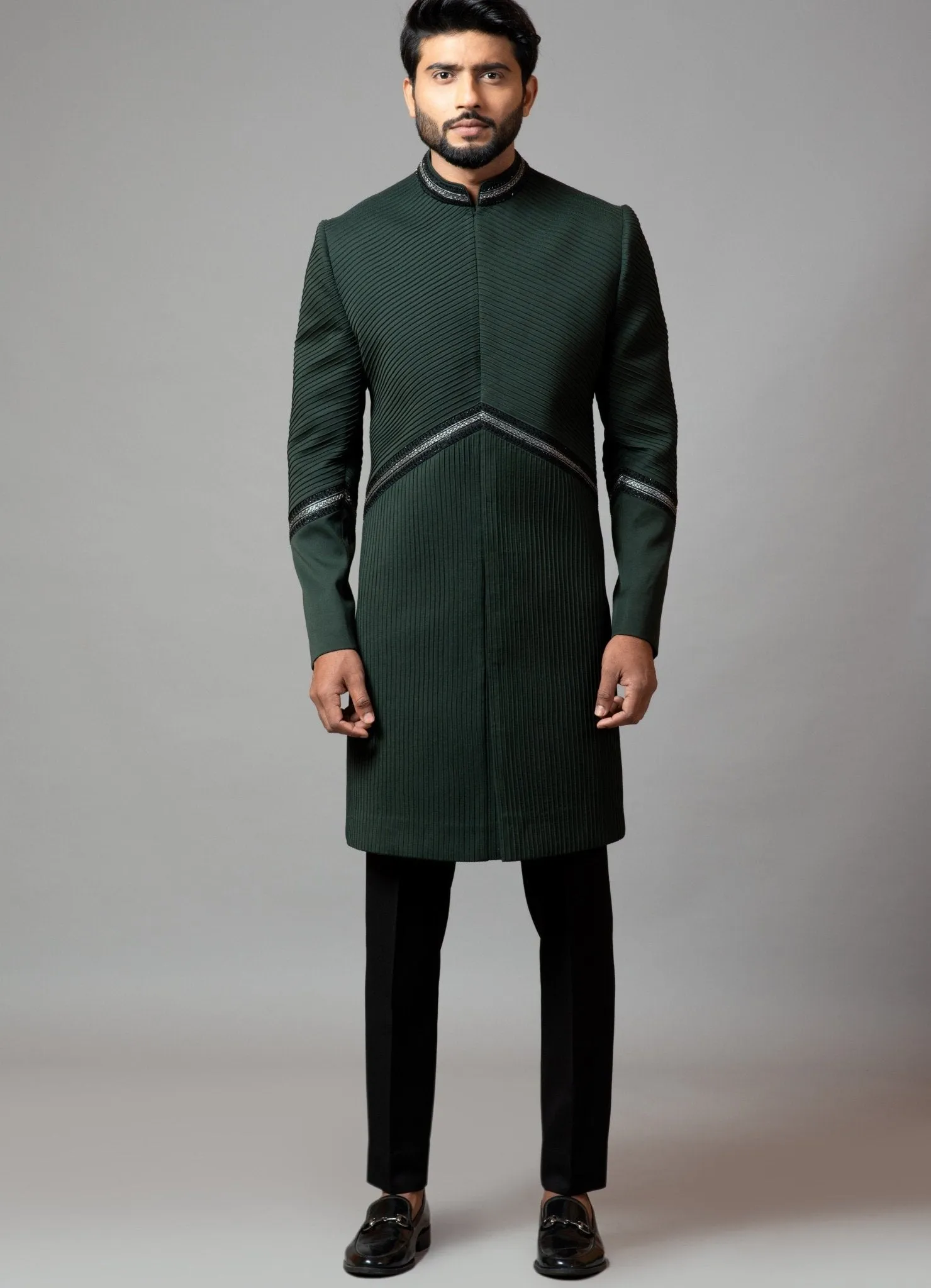 Bottle Green Embroidered Achkan With Pin Tucks