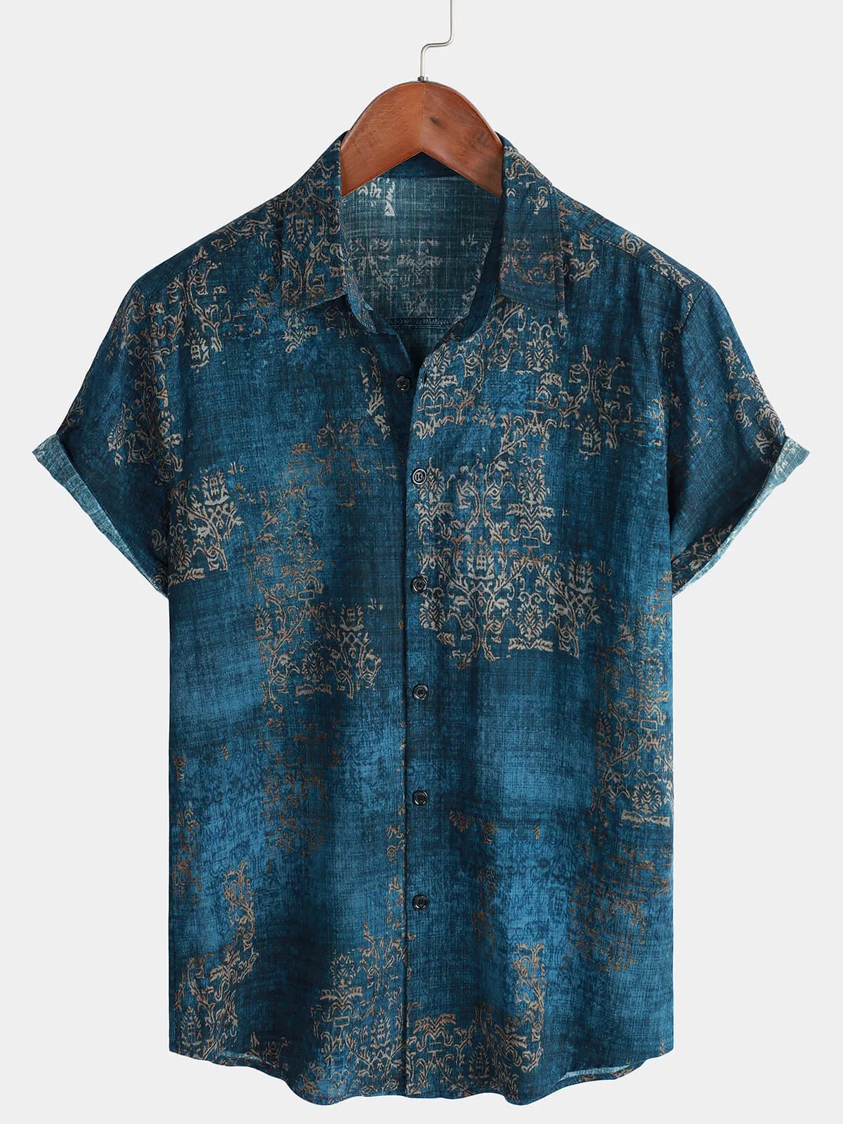 Bundle Of 2 | Men's Vintage Floral Retro Blue Summer Holiday Short Sleeve Shirts