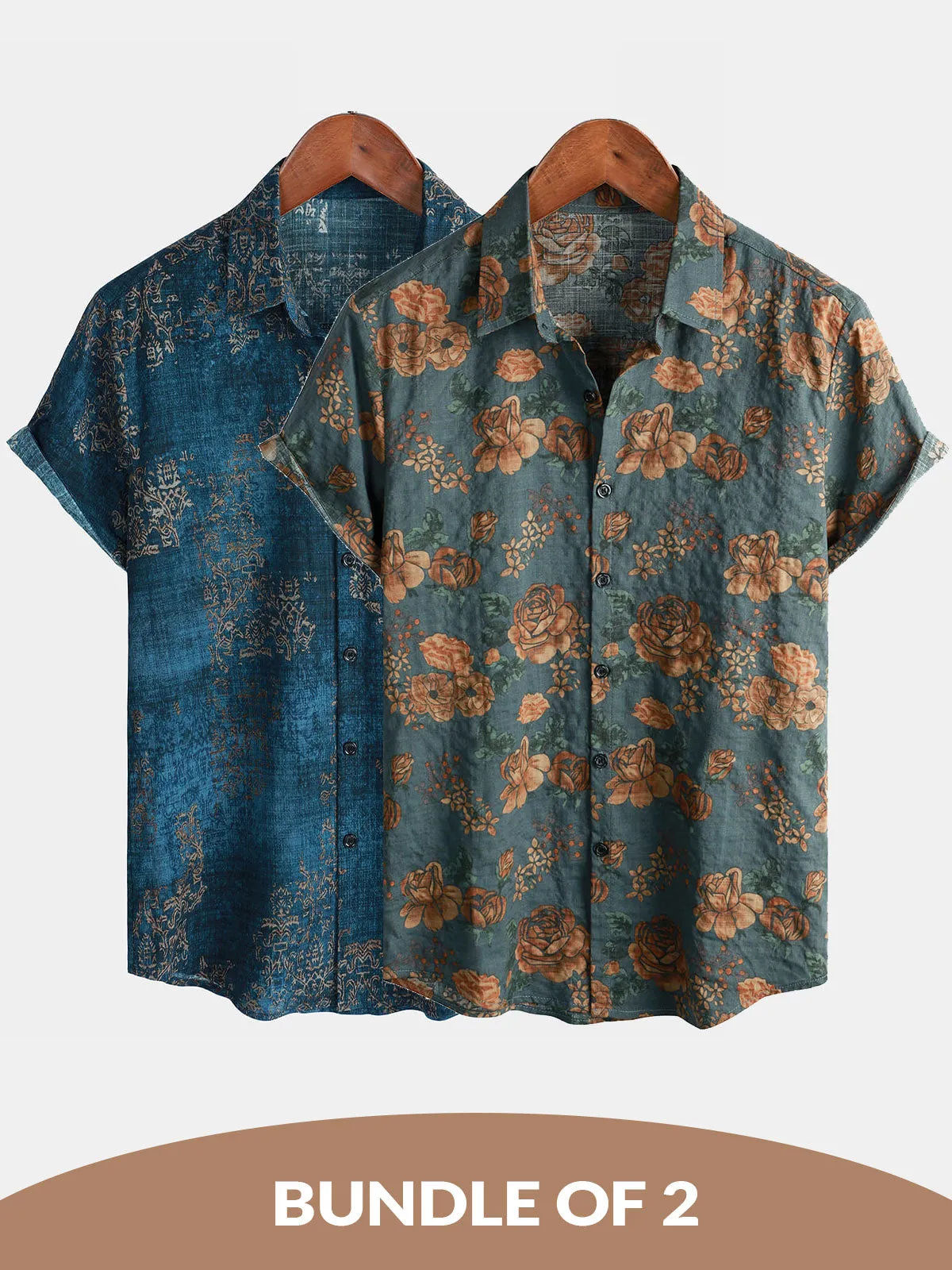 Bundle Of 2 | Men's Vintage Floral Retro Blue Summer Holiday Short Sleeve Shirts