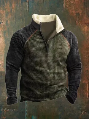 🔥Buy 2 Get 5% Off🔥Men's Waffle Colorblock Zipper Stand Collar Fleece Sweatshirt