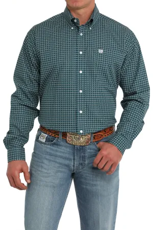 Cinch Teal Geometric Print Button-Down Shirt for Men