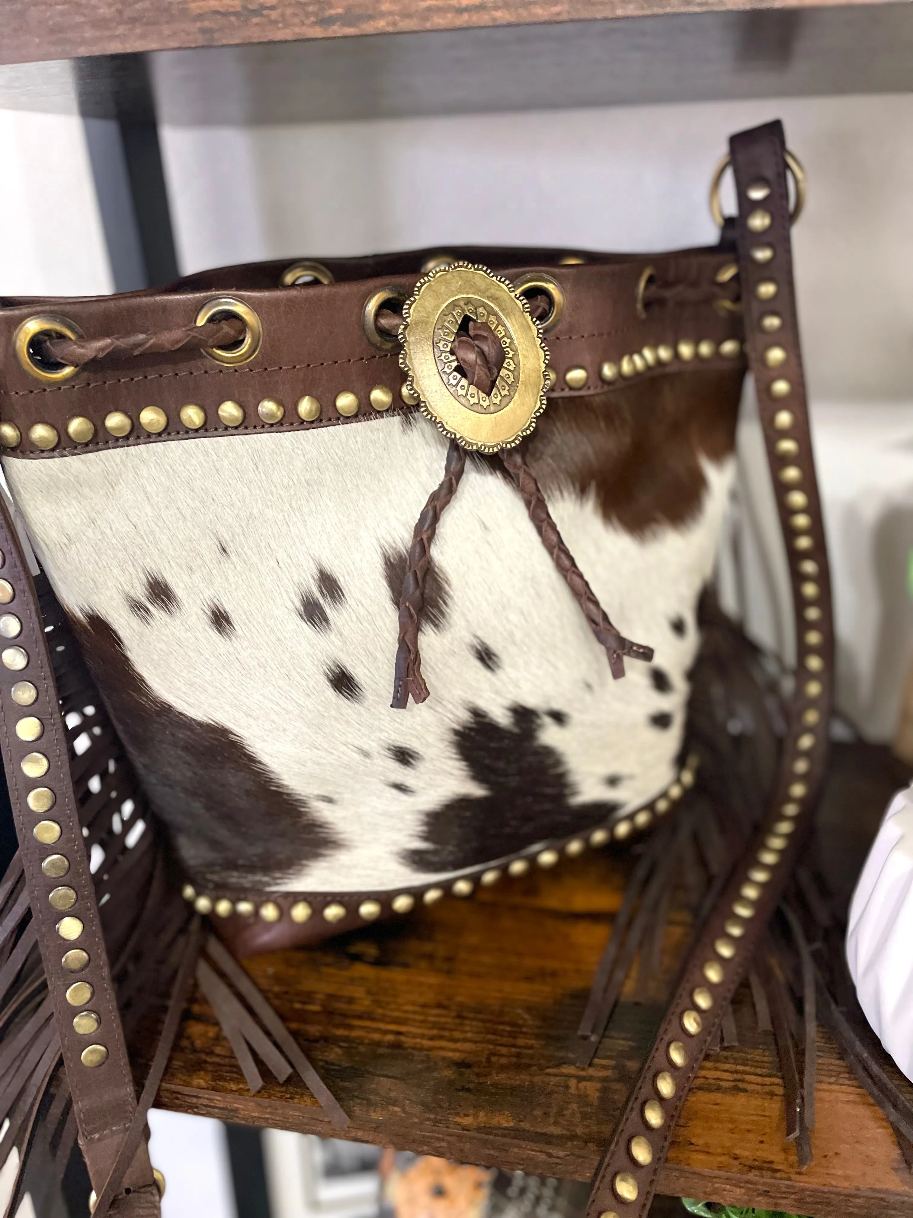 Dark Brown Hide Leather Bolo Tie Hide Bucket Handbag