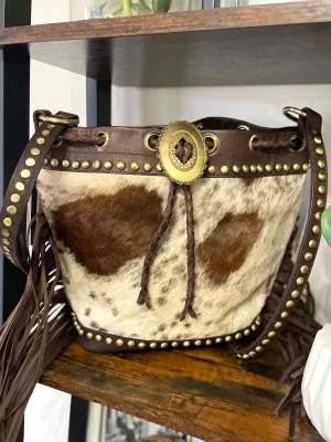 Dark Brown Hide Leather Bolo Tie Hide Bucket Handbag