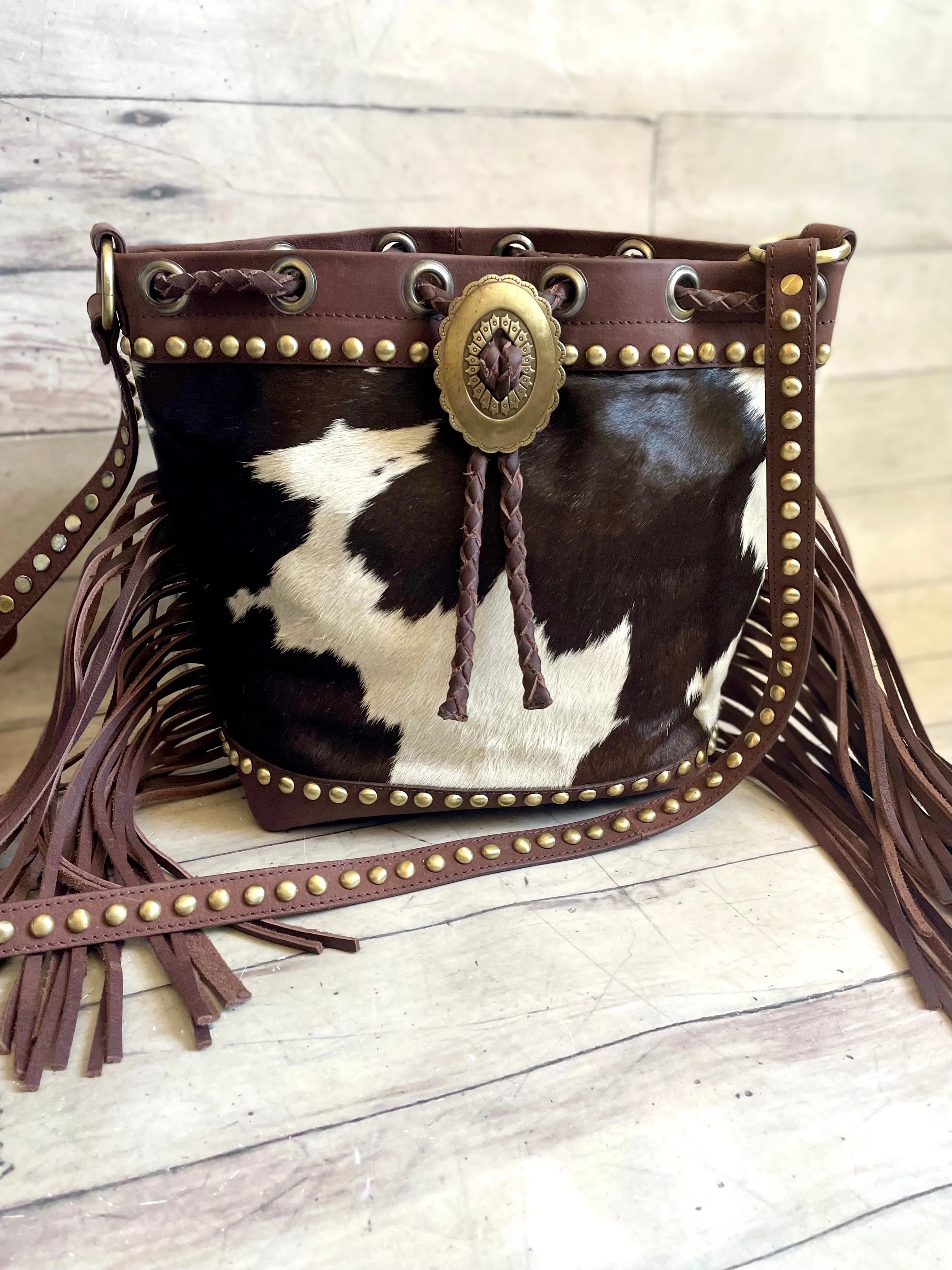 Dark Brown Hide Leather Bolo Tie Hide Bucket Handbag