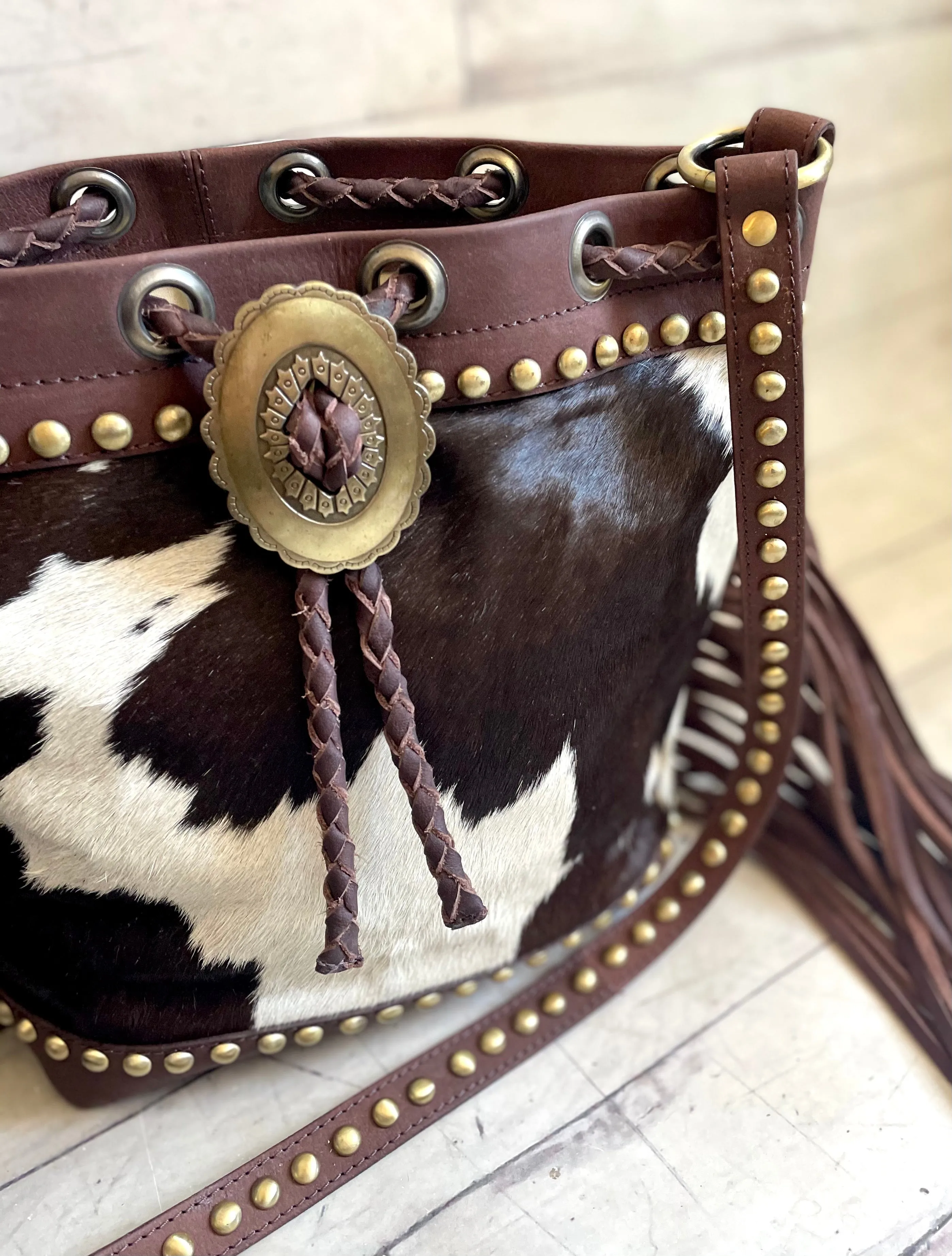 Dark Brown Hide Leather Bolo Tie Hide Bucket Handbag