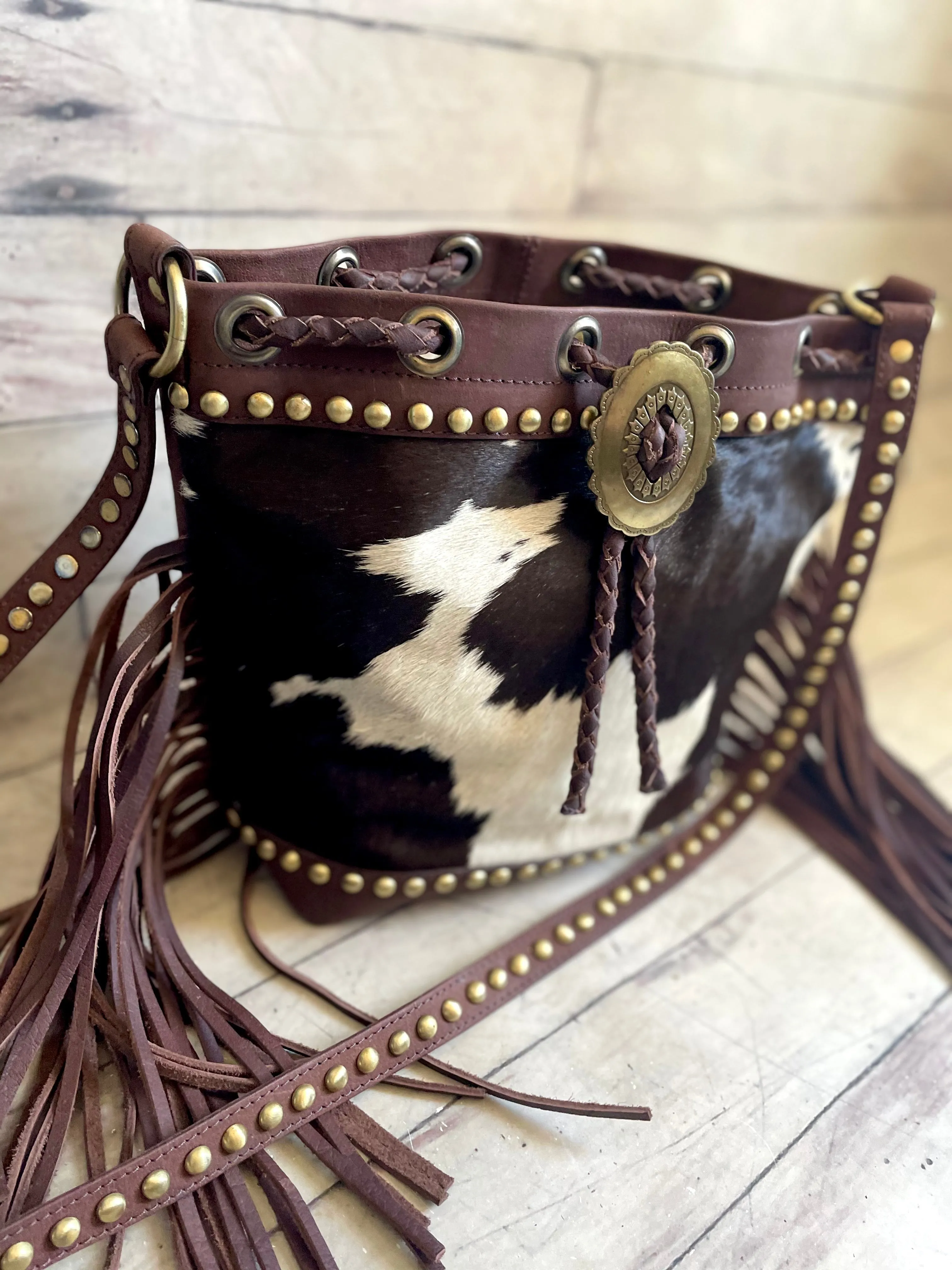 Dark Brown Hide Leather Bolo Tie Hide Bucket Handbag