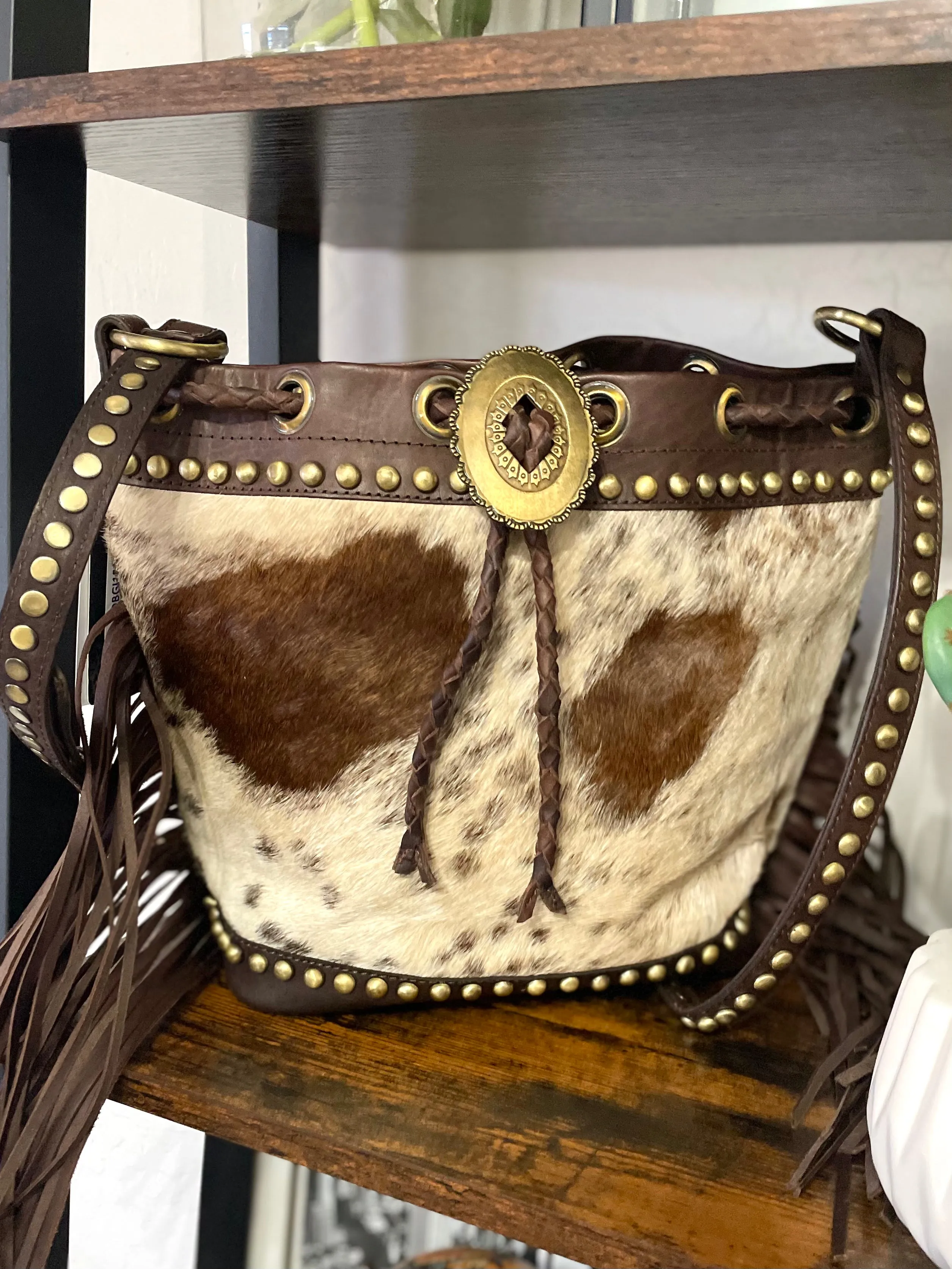 Dark Brown Hide Leather Bolo Tie Hide Bucket Handbag