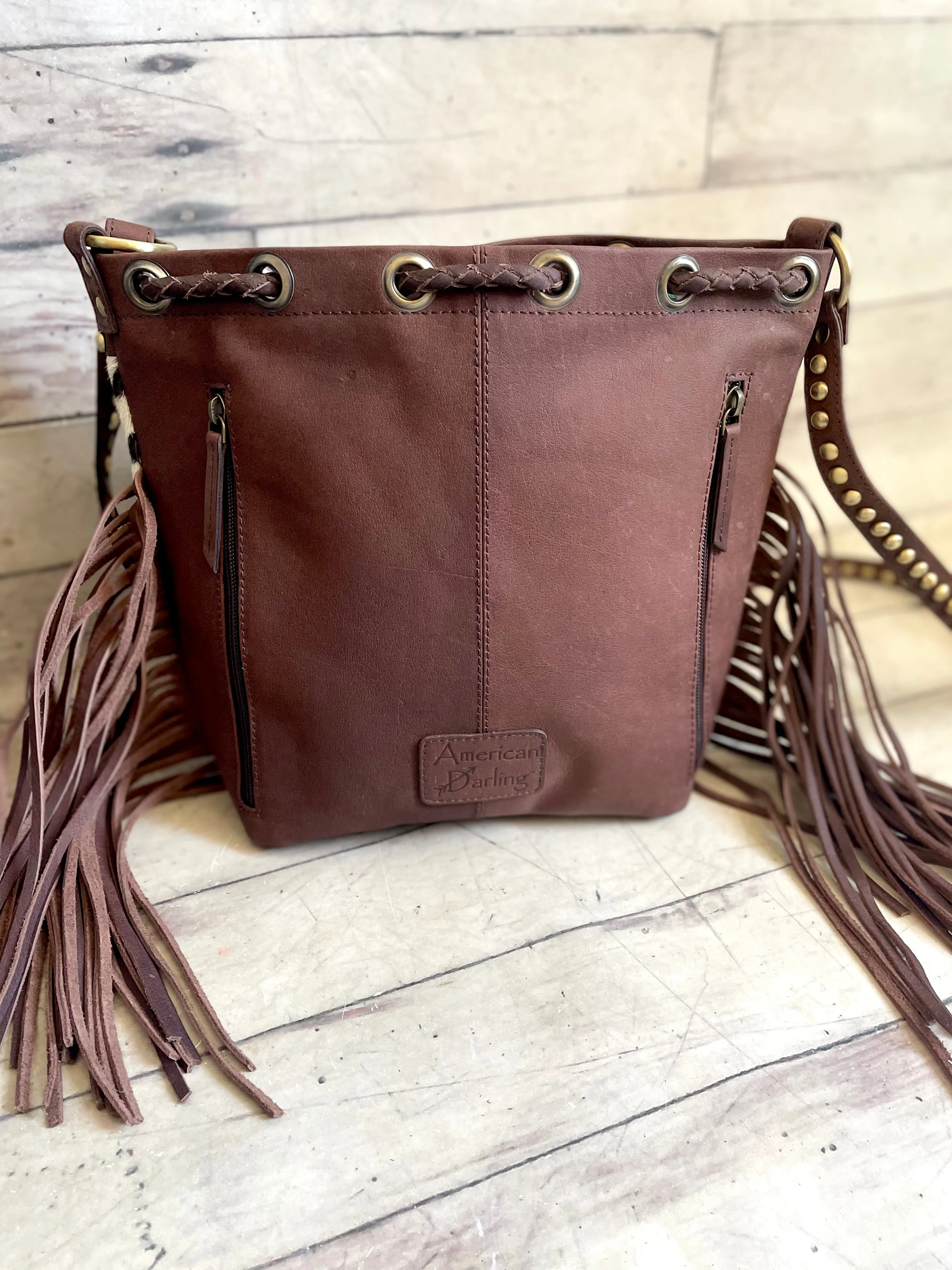 Dark Brown Hide Leather Bolo Tie Hide Bucket Handbag