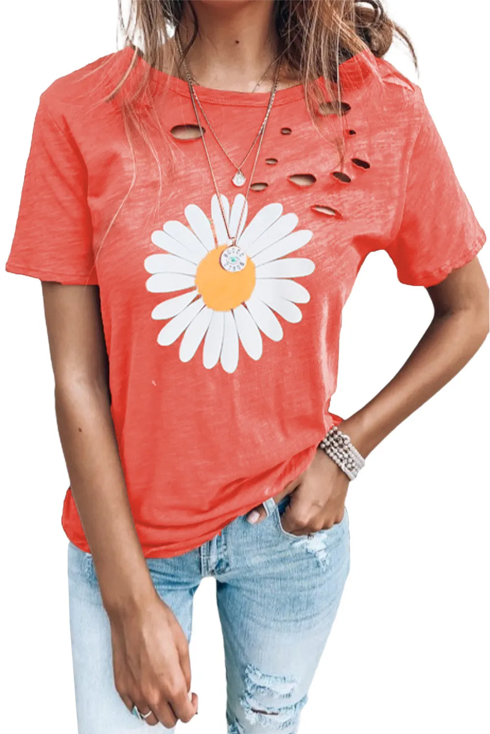 Distressed Crew Neck Leaves Pattern T-shirt