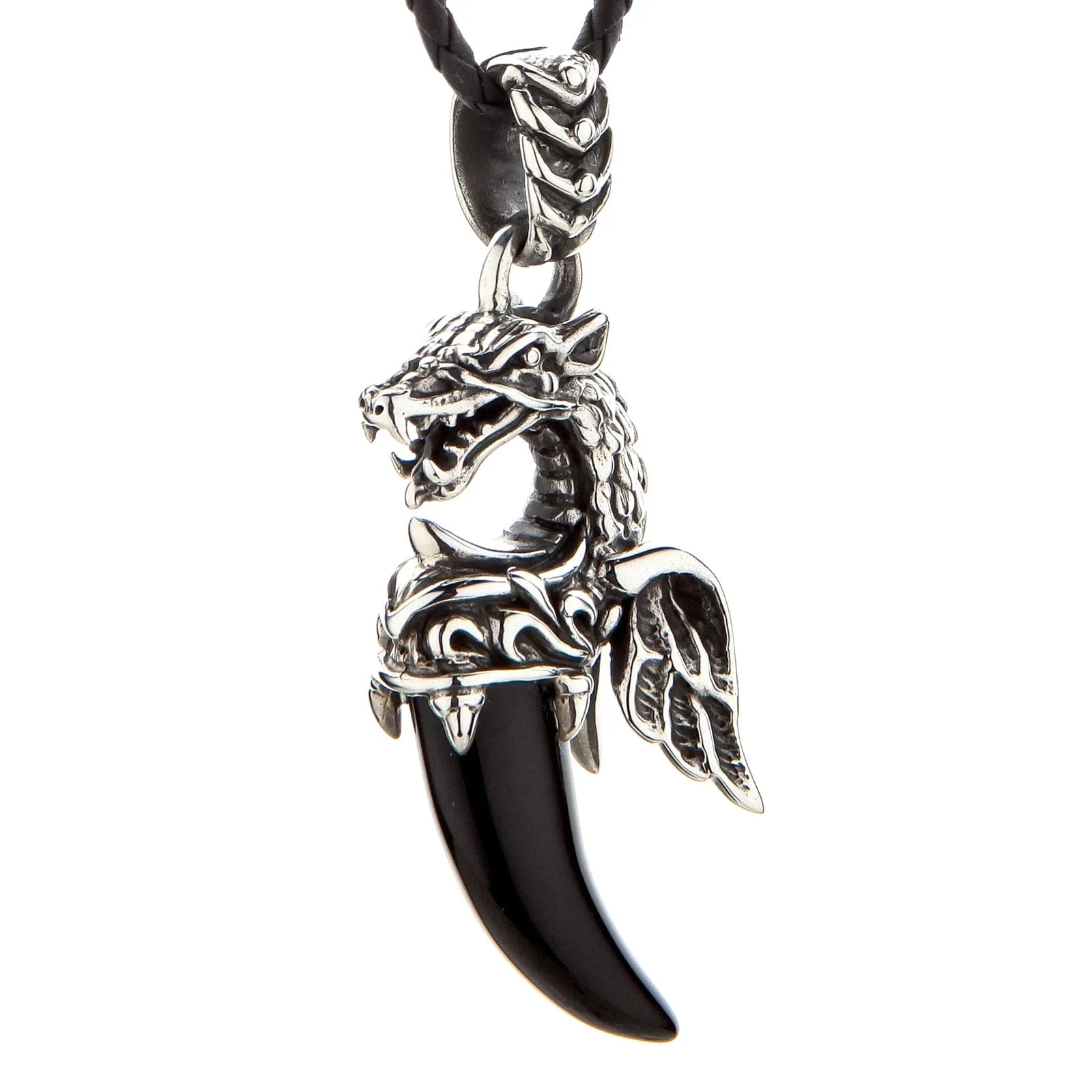 Dragon Wolf Sterling Silver Black Onyx Tusk Pendant