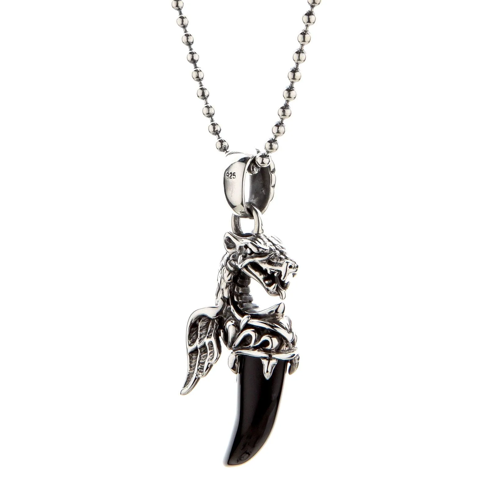 Dragon Wolf Sterling Silver Black Onyx Tusk Pendant
