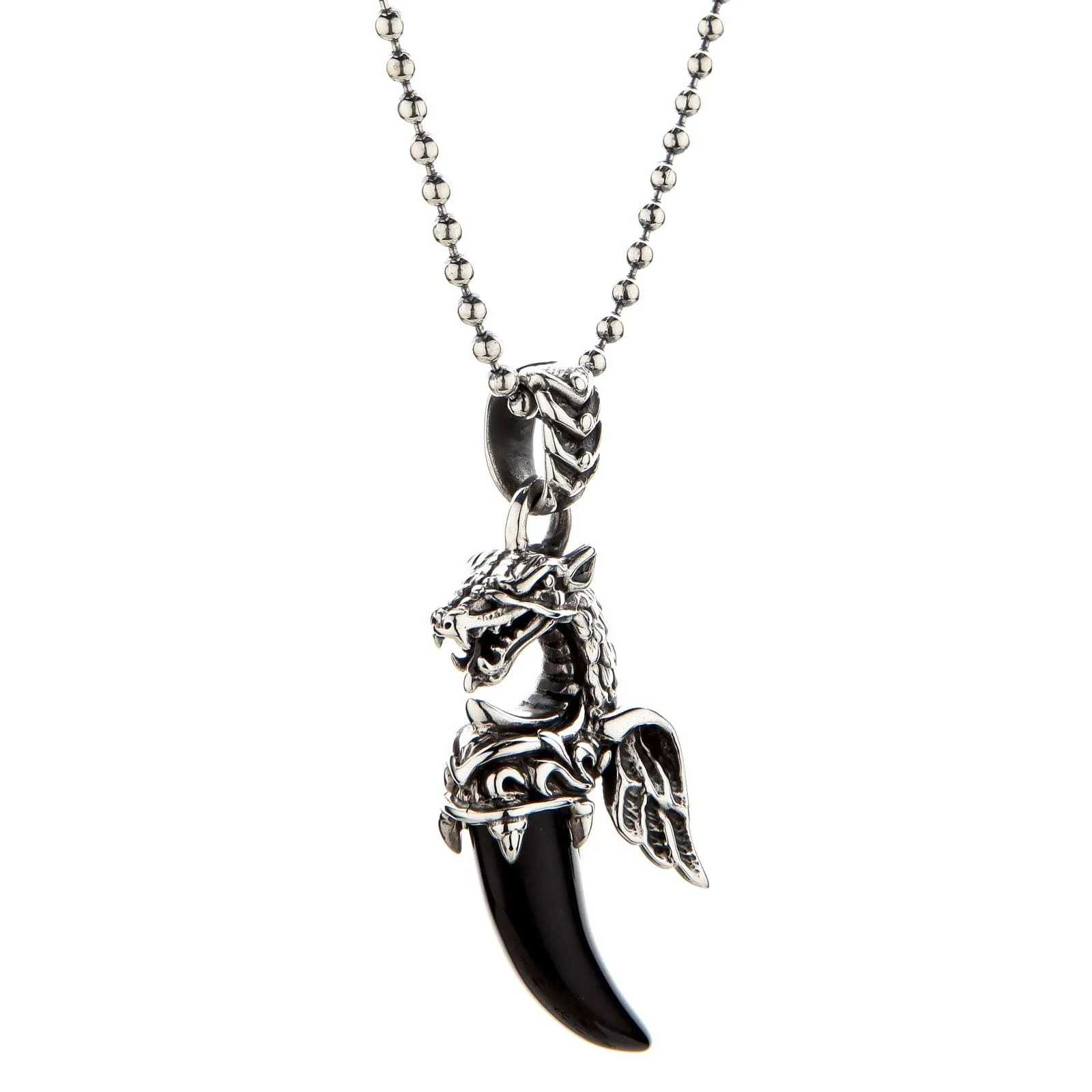 Dragon Wolf Sterling Silver Black Onyx Tusk Pendant