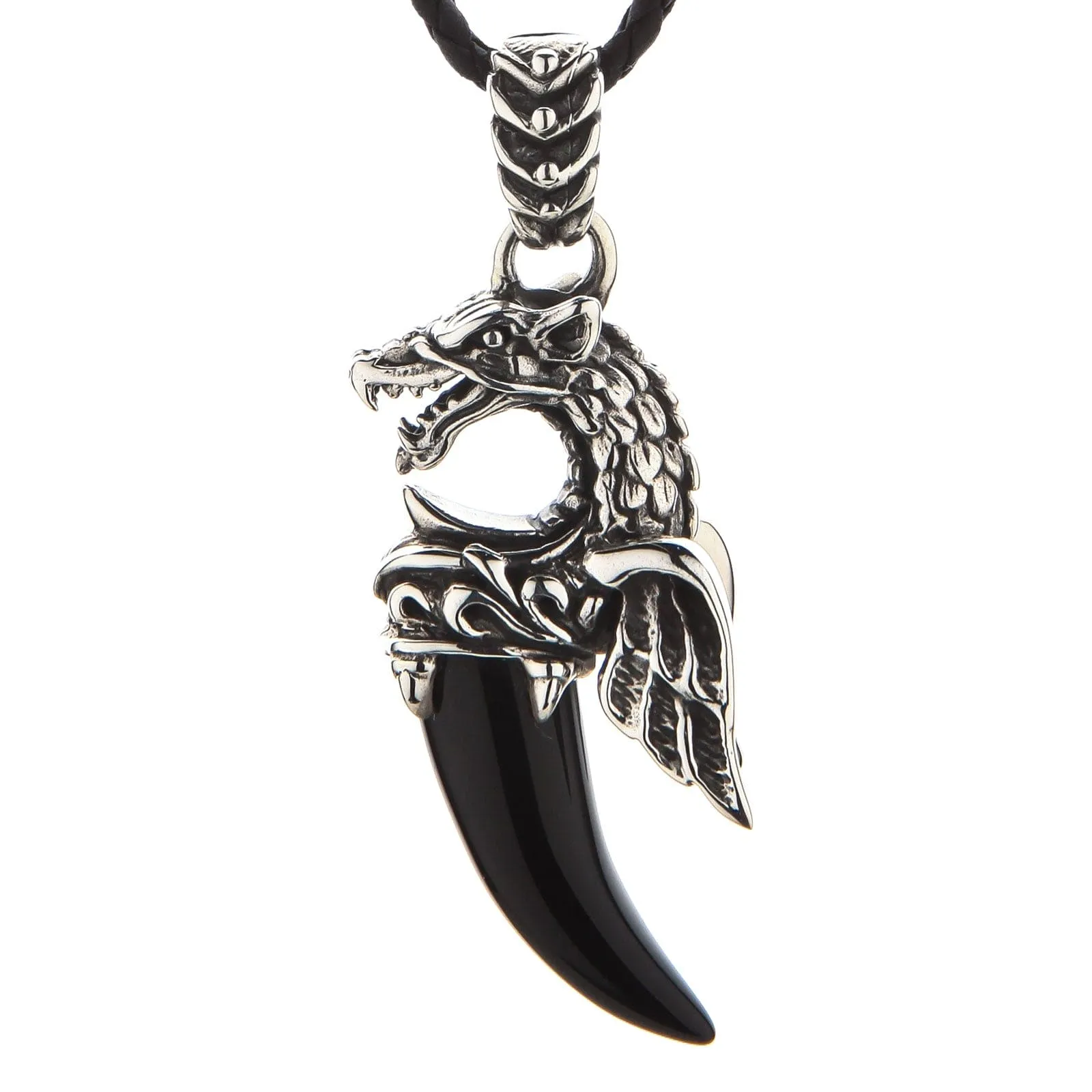 Dragon Wolf Sterling Silver Black Onyx Tusk Pendant