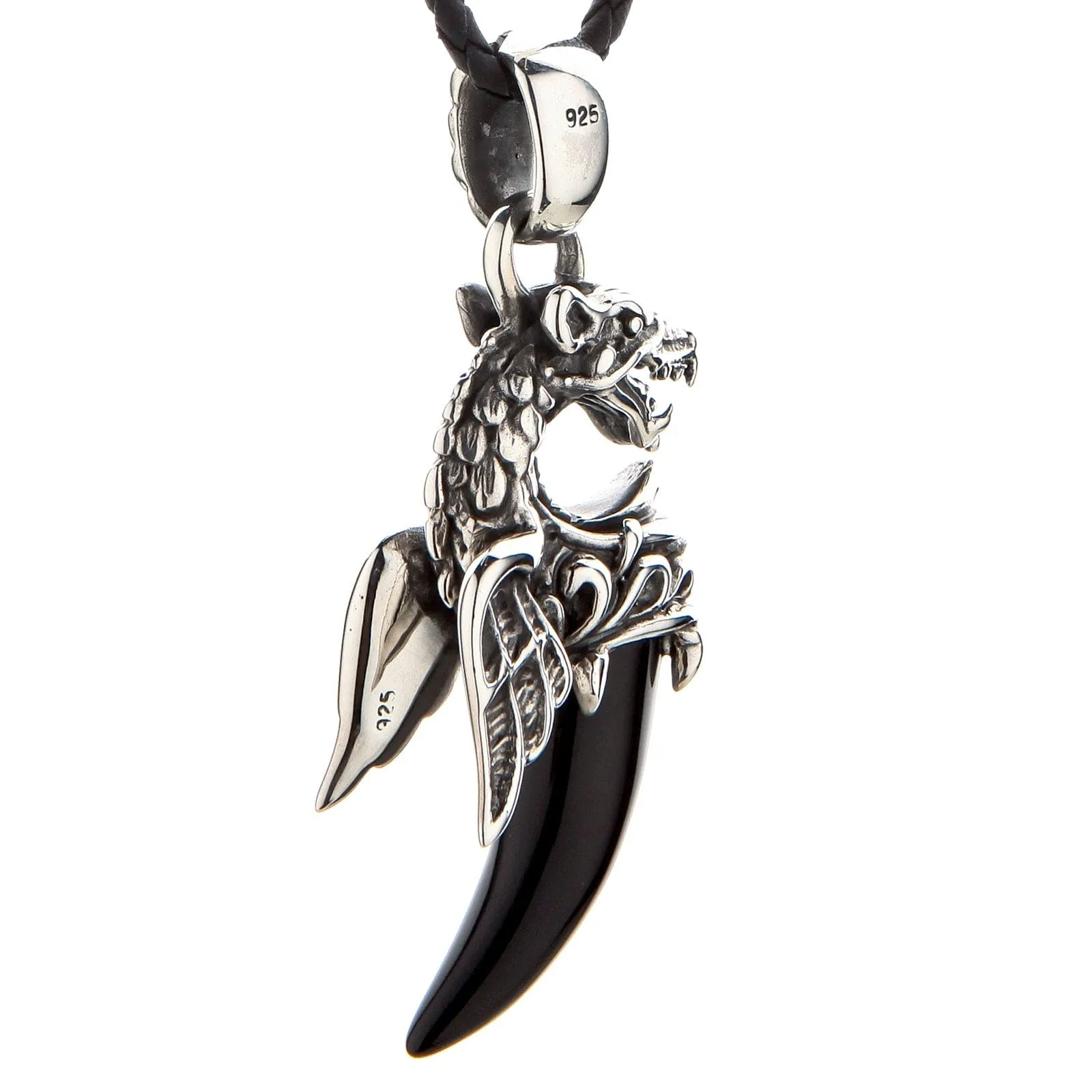 Dragon Wolf Sterling Silver Black Onyx Tusk Pendant