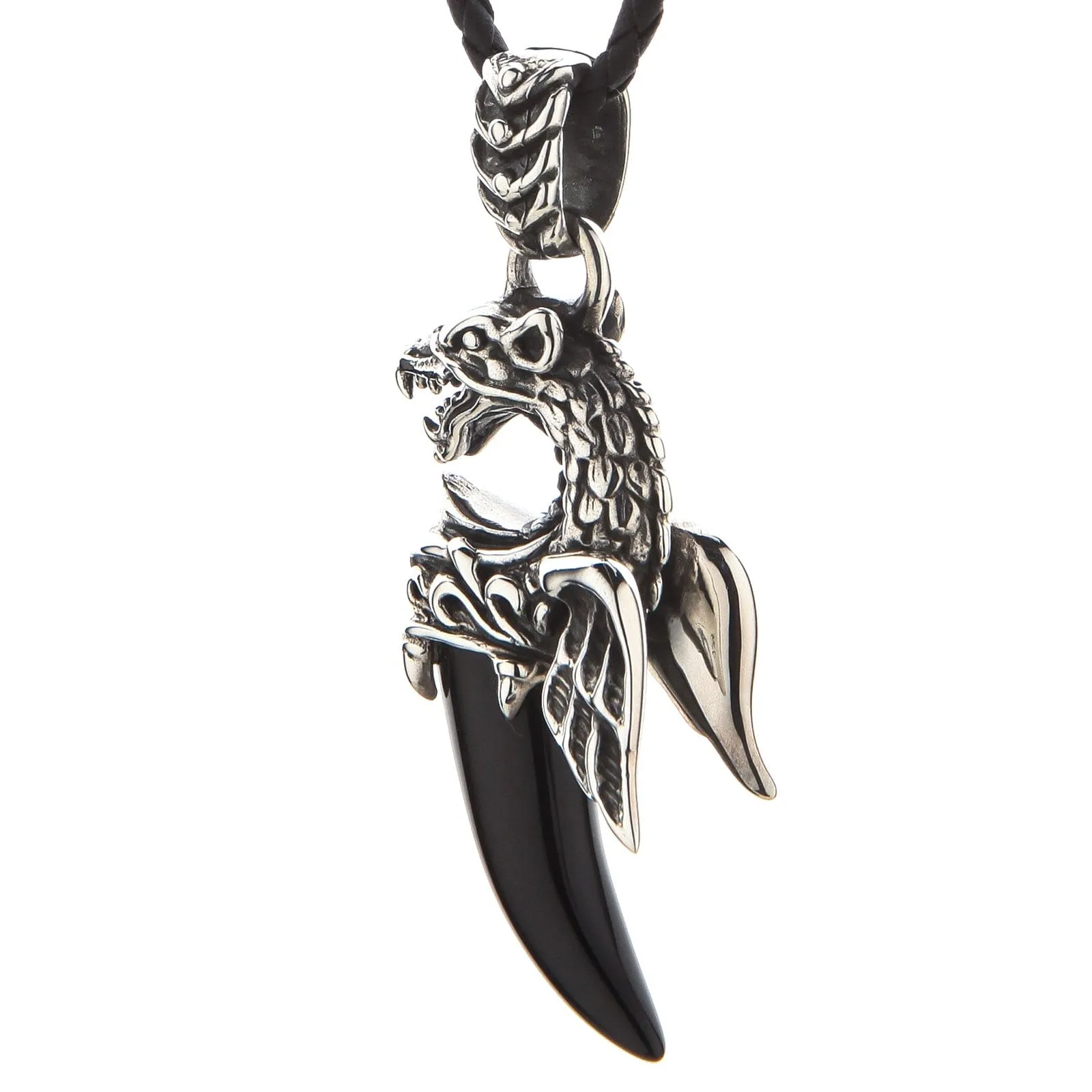 Dragon Wolf Sterling Silver Black Onyx Tusk Pendant