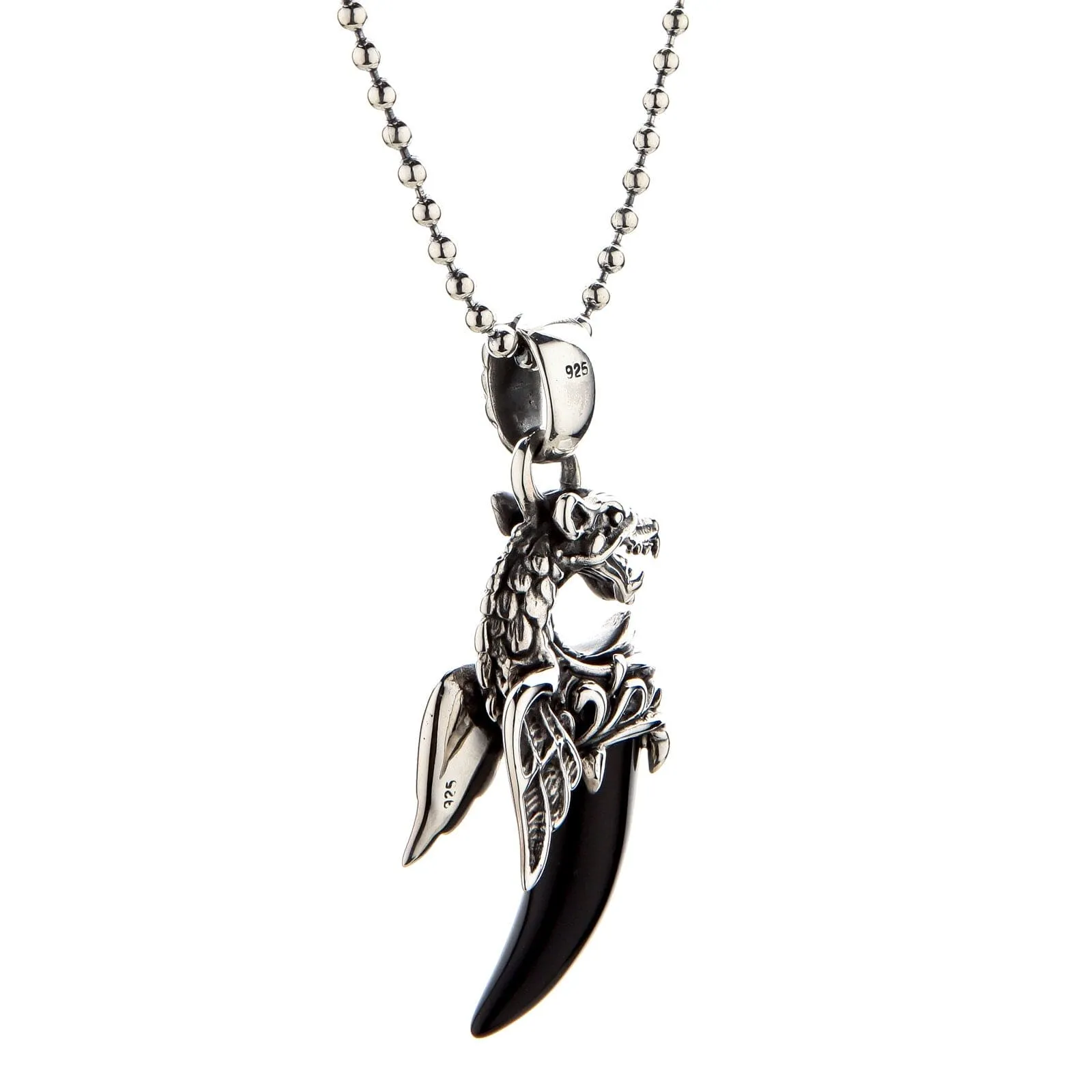 Dragon Wolf Sterling Silver Black Onyx Tusk Pendant