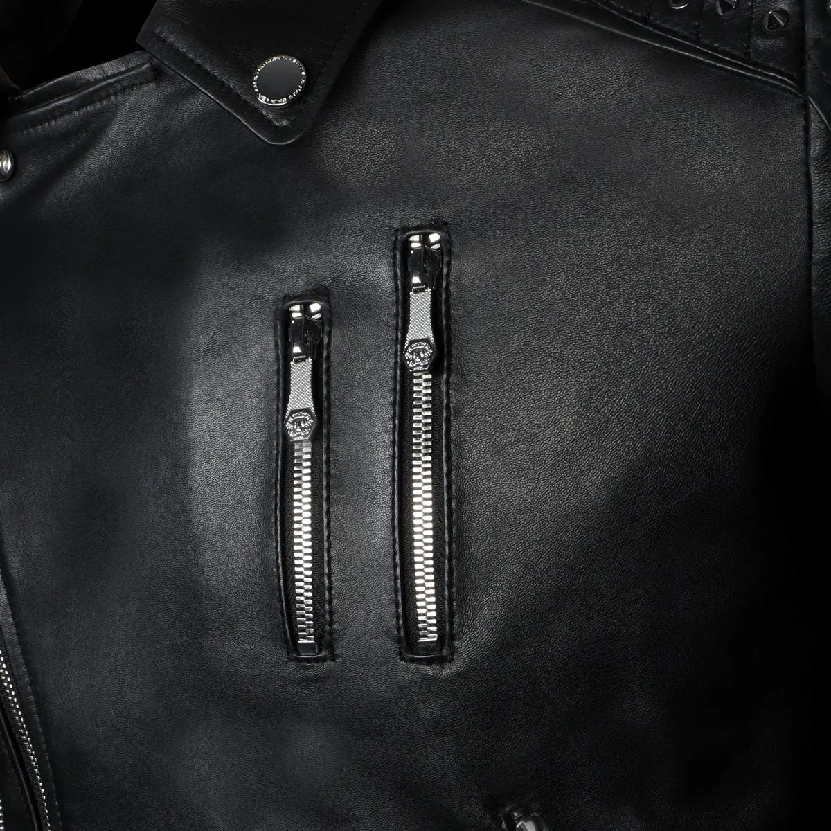 Dual Buckle Studded Black Leather with slanted zip Closure Men's Jacket By Brune & Bareskin