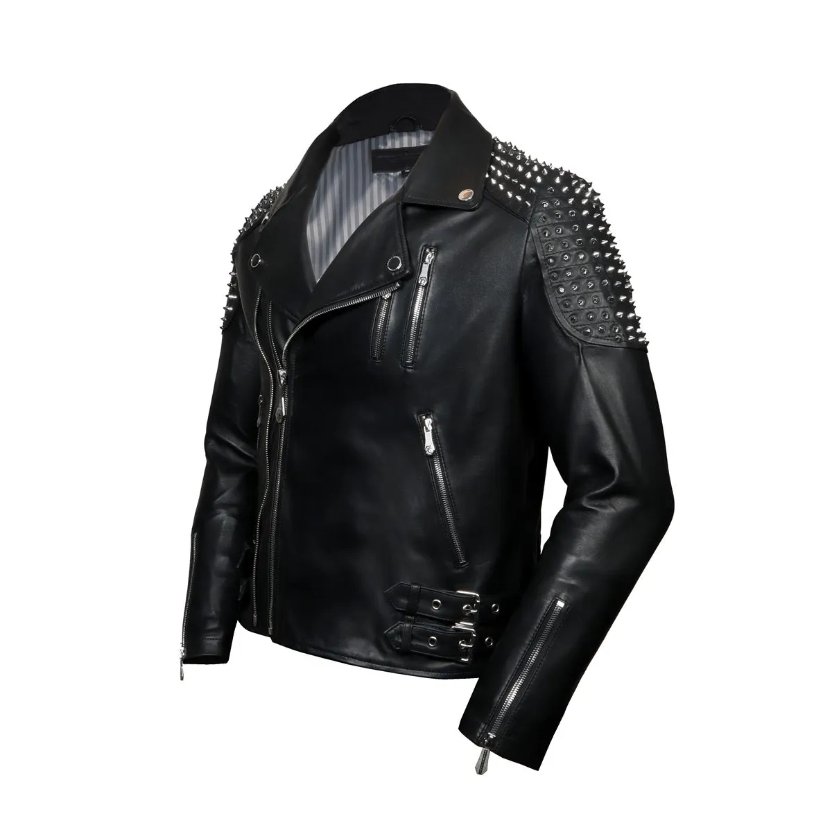 Dual Buckle Studded Black Leather with slanted zip Closure Men's Jacket By Brune & Bareskin