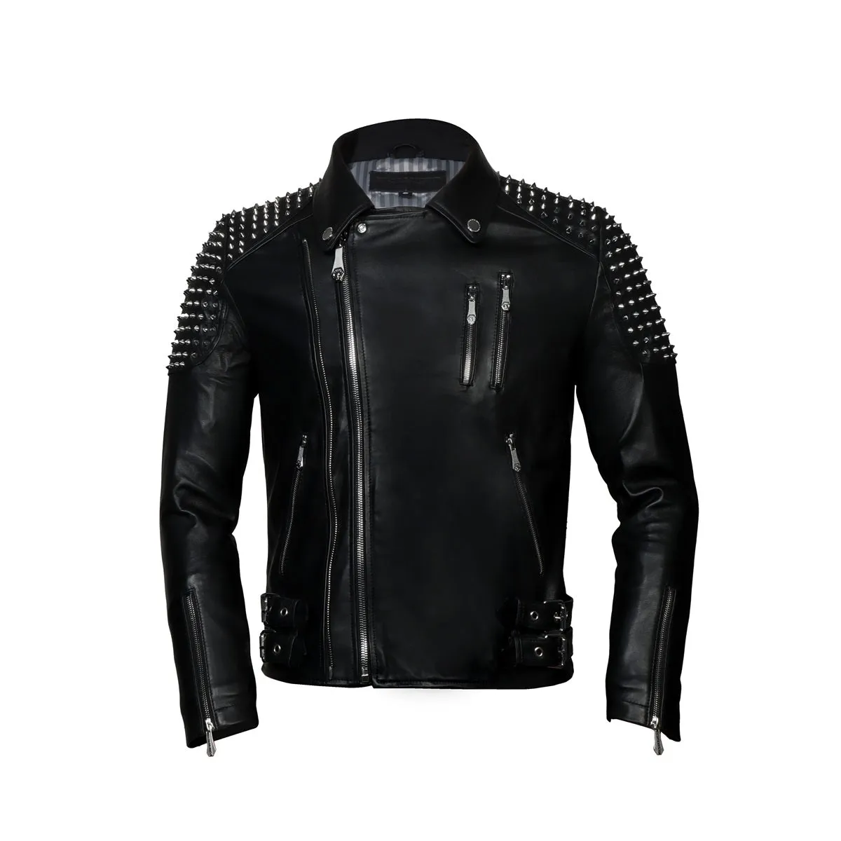 Dual Buckle Studded Black Leather with slanted zip Closure Men's Jacket By Brune & Bareskin