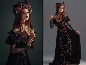 Fantasy gothic black corset net gown with handmade flowers