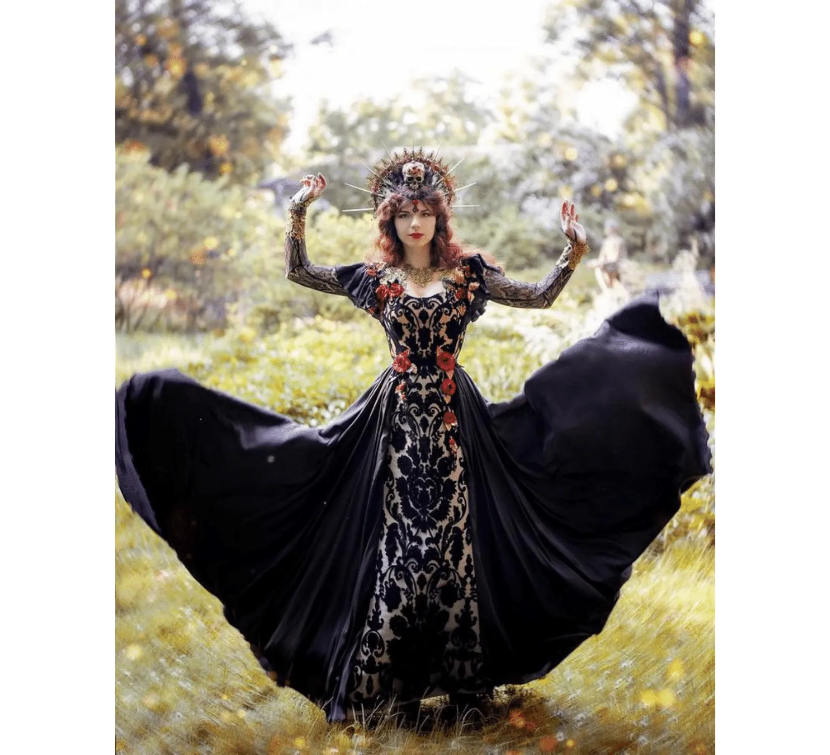 Fantasy gothic black corset net gown with handmade flowers