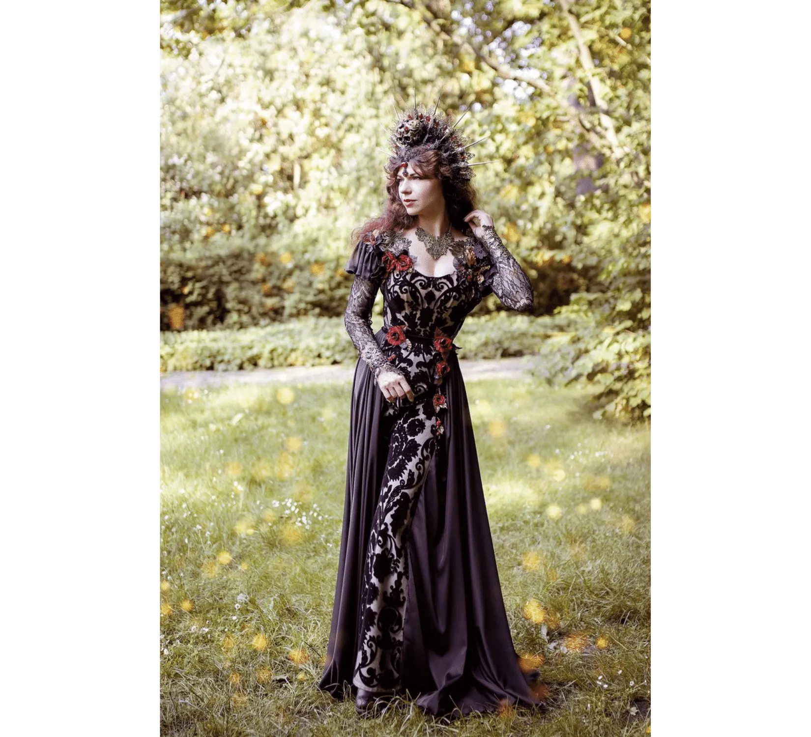 Fantasy gothic black corset net gown with handmade flowers