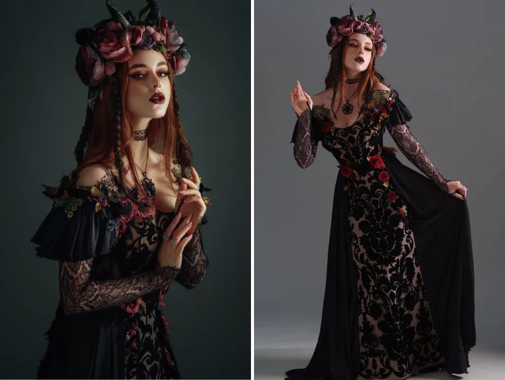 Fantasy gothic black corset net gown with handmade flowers