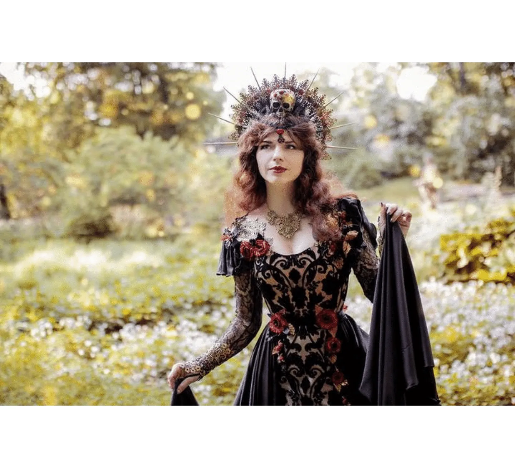 Fantasy gothic black corset net gown with handmade flowers