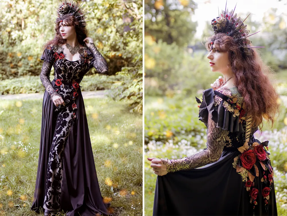 Fantasy gothic black corset net gown with handmade flowers