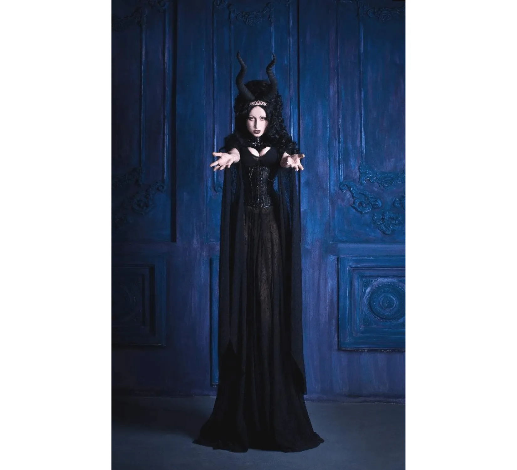 Fantasy gothic tulle and velvet black dress with corset