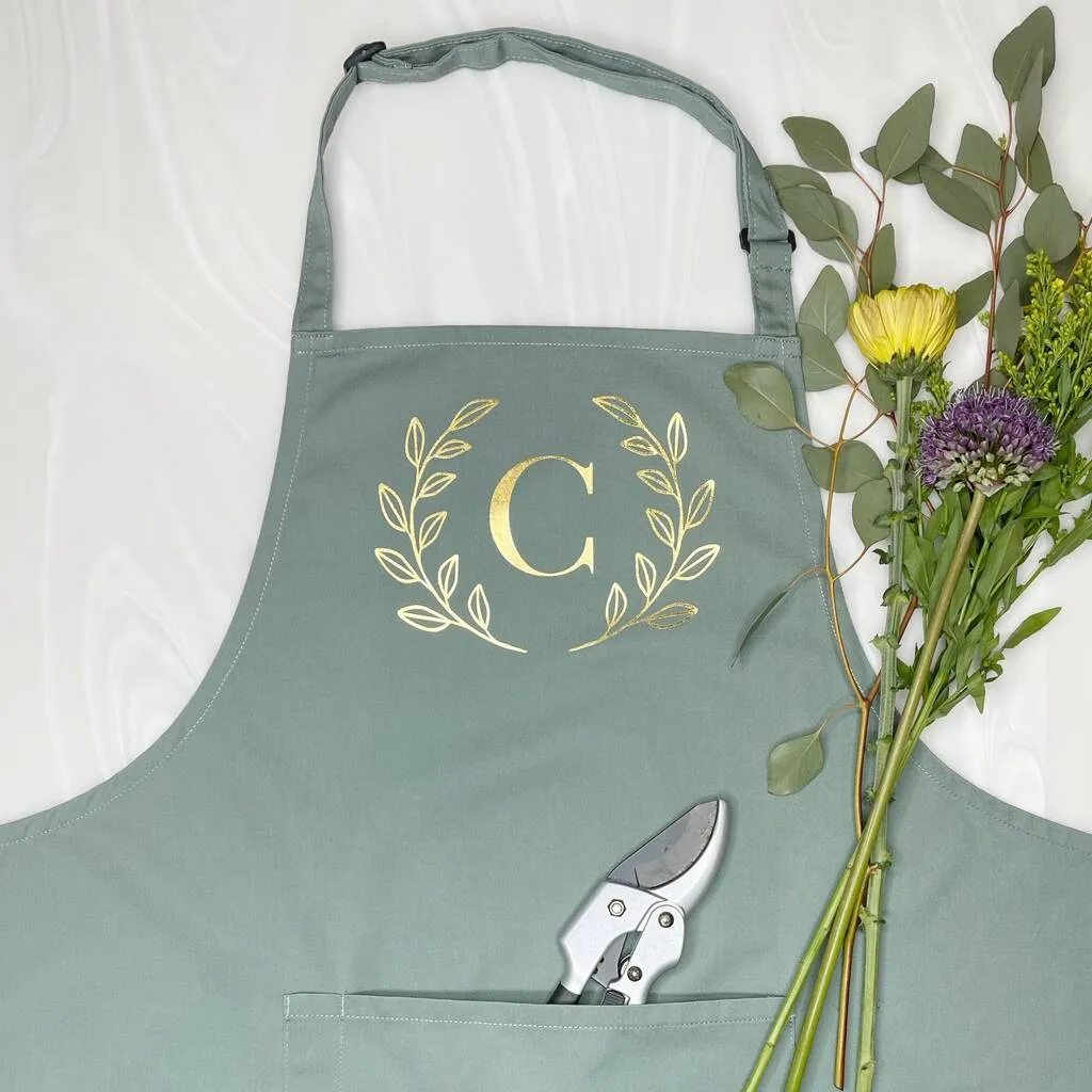 Gold Olive Leaf Garden Apron Personalised With Initial