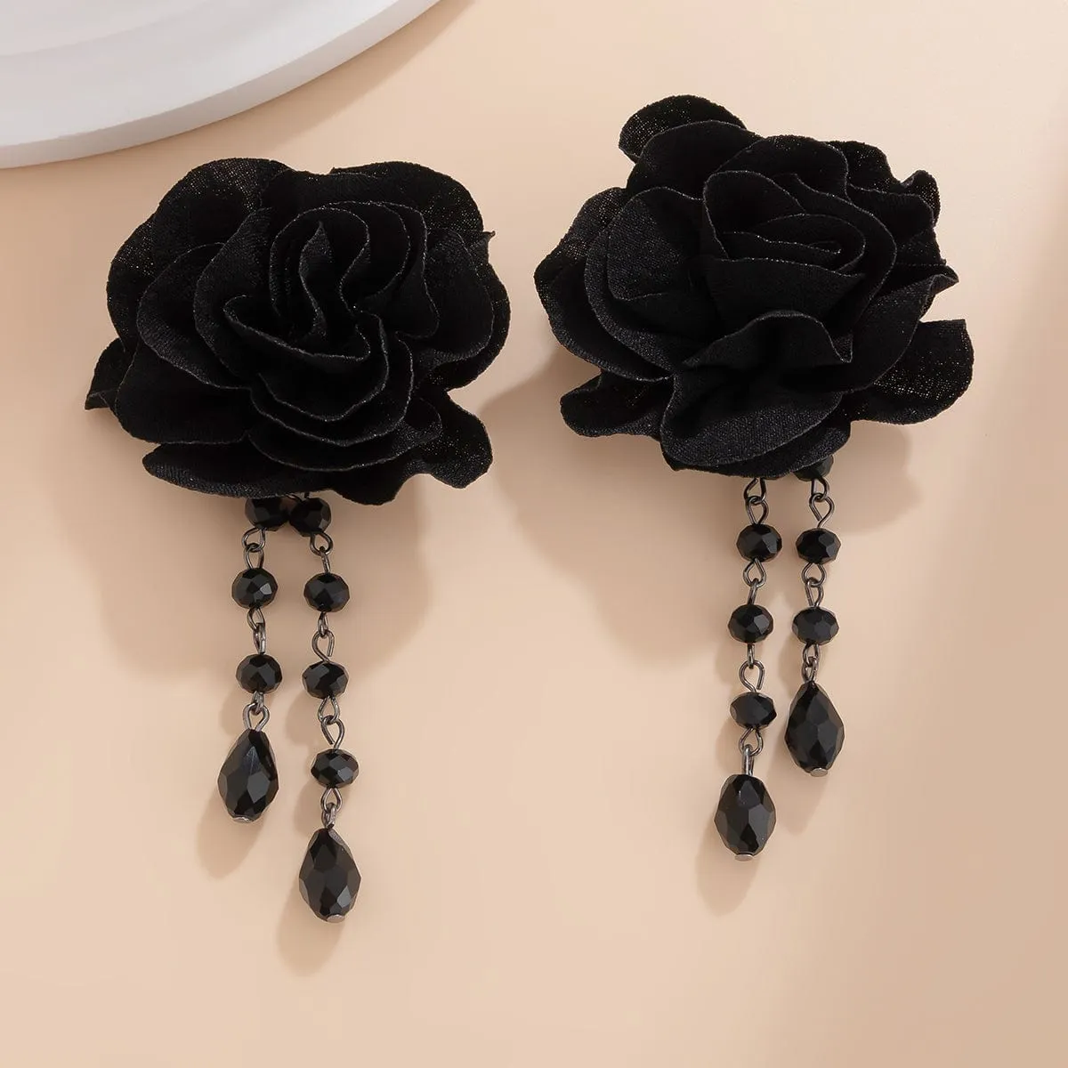 Gothic Velvet Rose Crystal Tassel Earrings