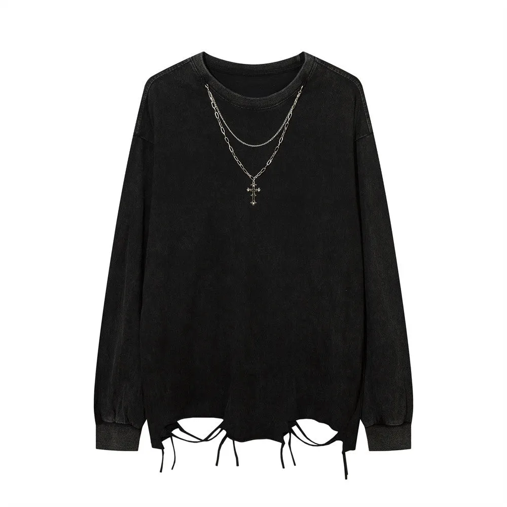 Men Long Sleeve T Shirt Distressed Dirty Punk Swing Cut Ripped Necklace Decoration
