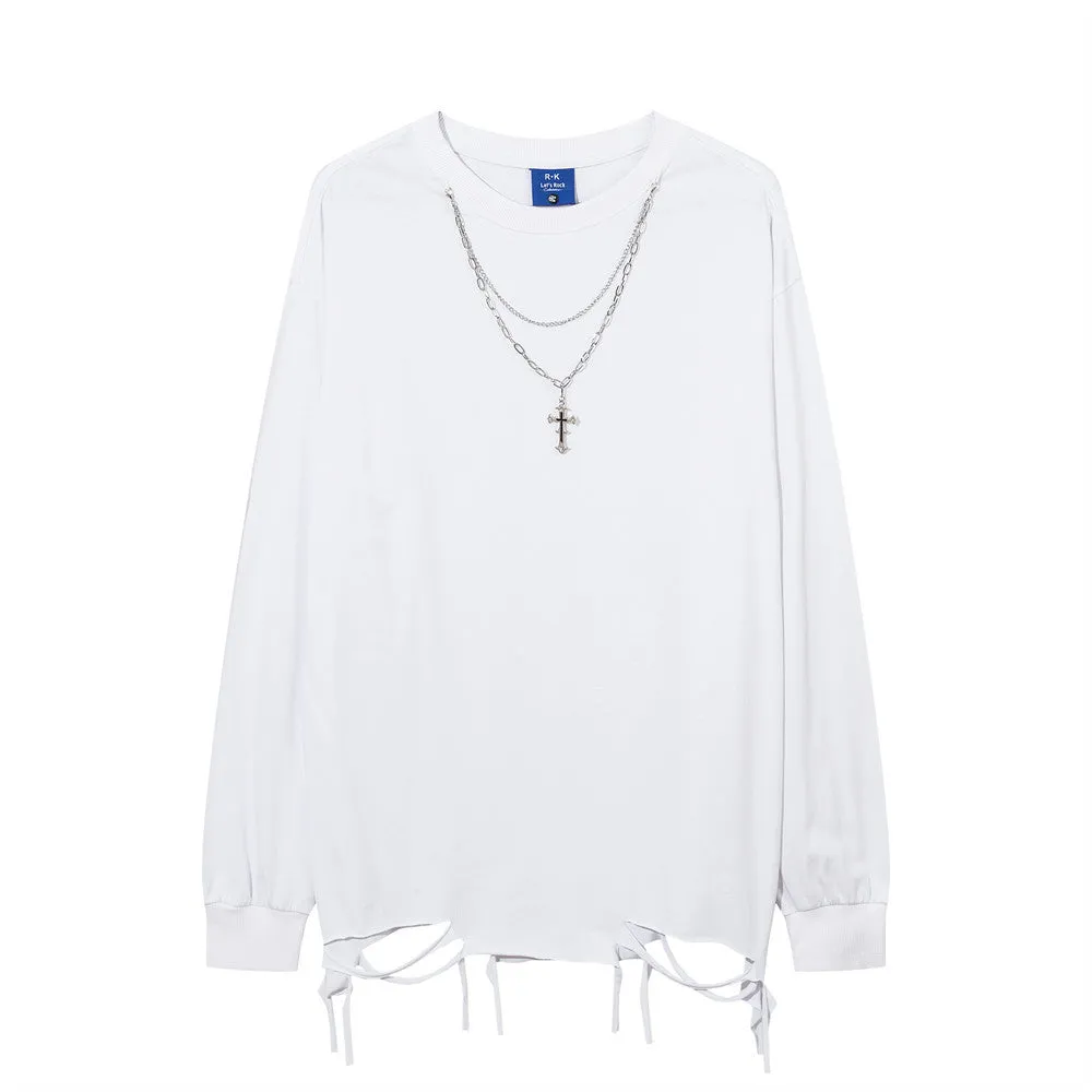 Men Long Sleeve T Shirt Distressed Dirty Punk Swing Cut Ripped Necklace Decoration
