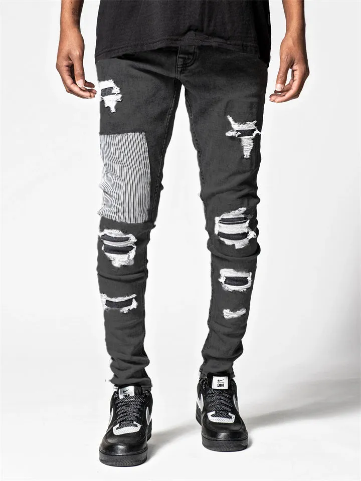 Men's Autumn Winter Ripped Skinny Ins Stylish Patchwork Pants