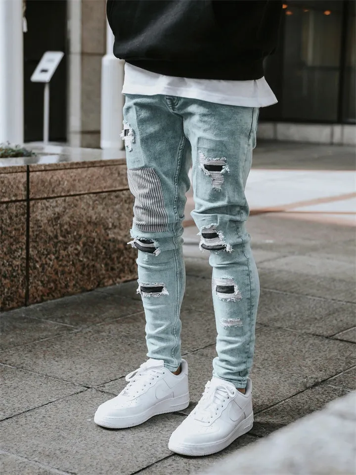 Men's Autumn Winter Ripped Skinny Ins Stylish Patchwork Pants