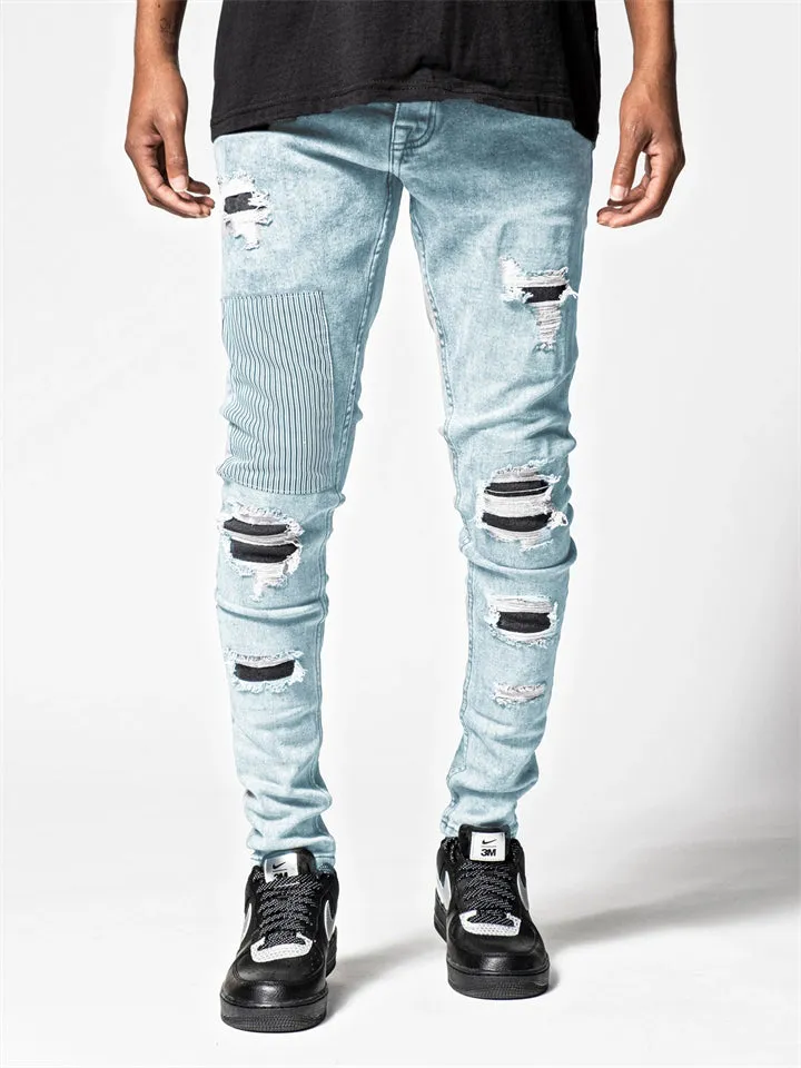 Men's Autumn Winter Ripped Skinny Ins Stylish Patchwork Pants