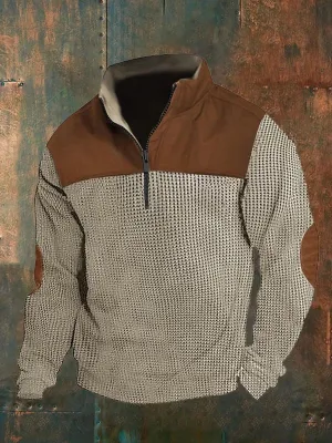 Men's Casual Colorblock Zipper Neck Waffle Pullover
