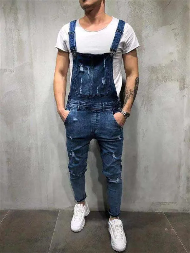Men's Casual Ripped Denim Overalls Jumpsuit Dungarees Bib